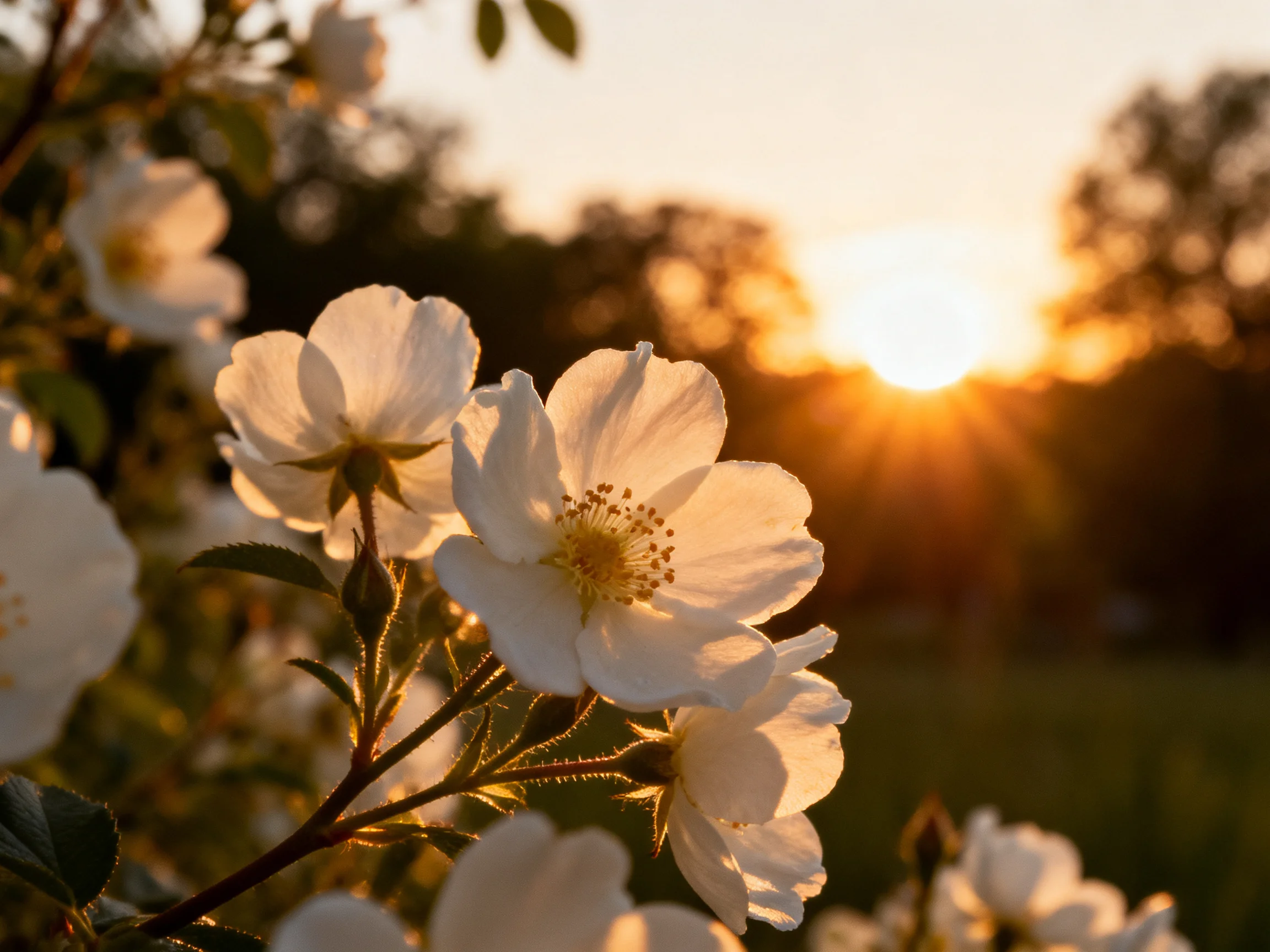 Sunlight Highlights White Flowers Amidst a Golden Sunset