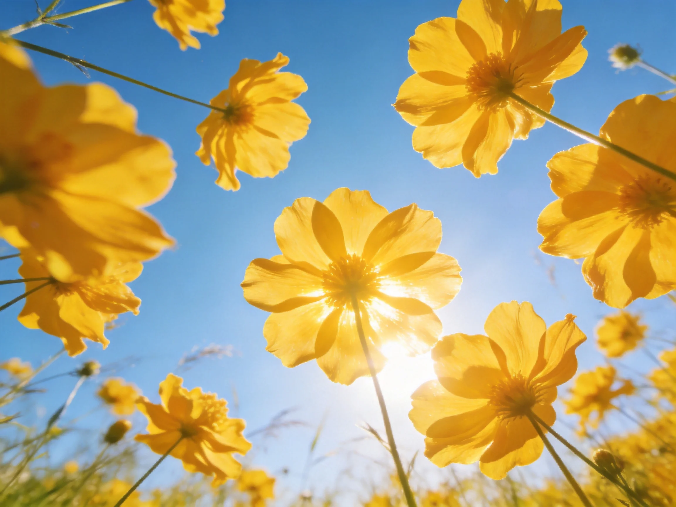 Sunlight illuminates vibrant yellow cosmos flowers against a clear blue sky