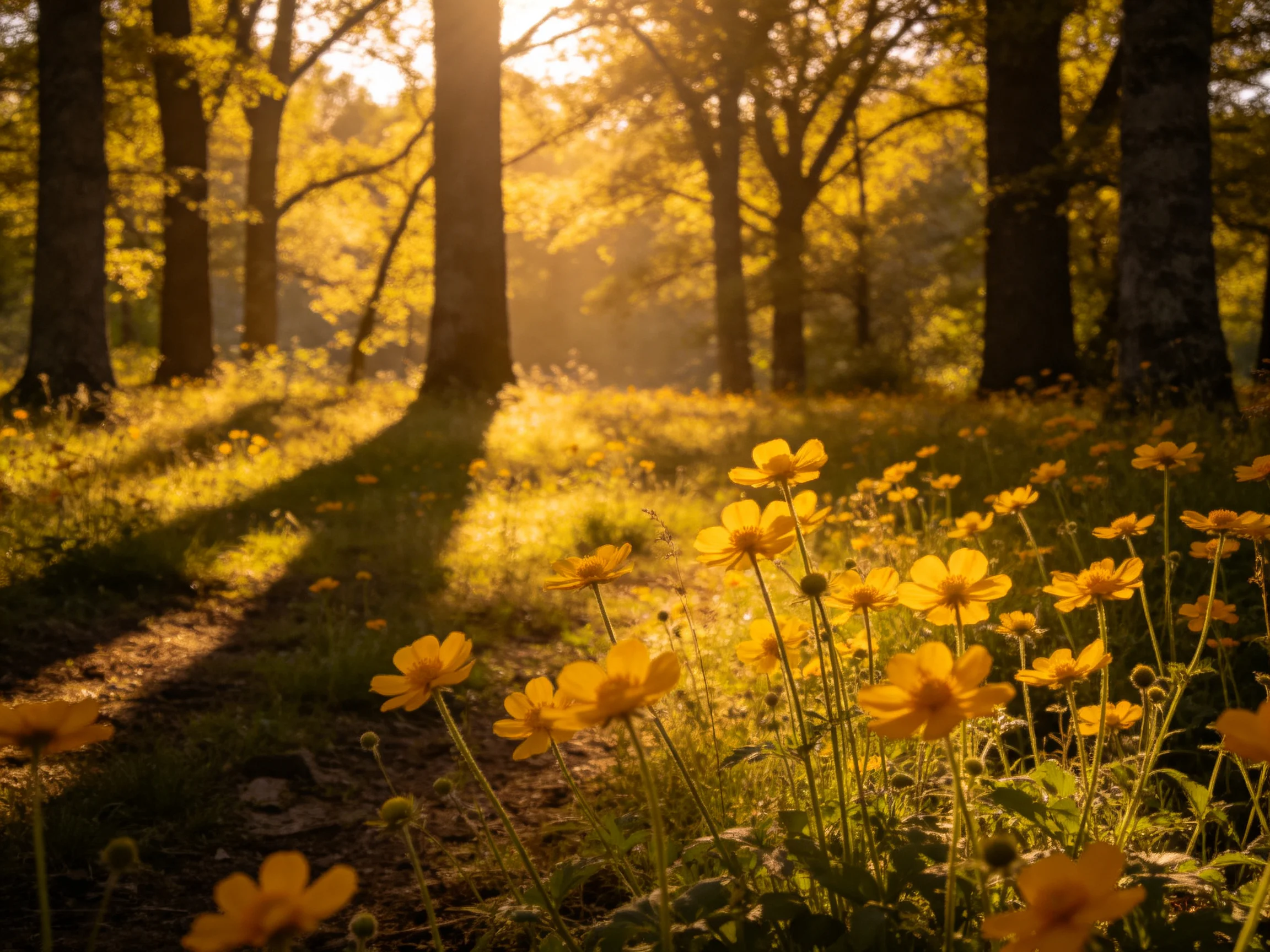 Sunlit Forest Glade with Golden Wildflowers and Tall Trees