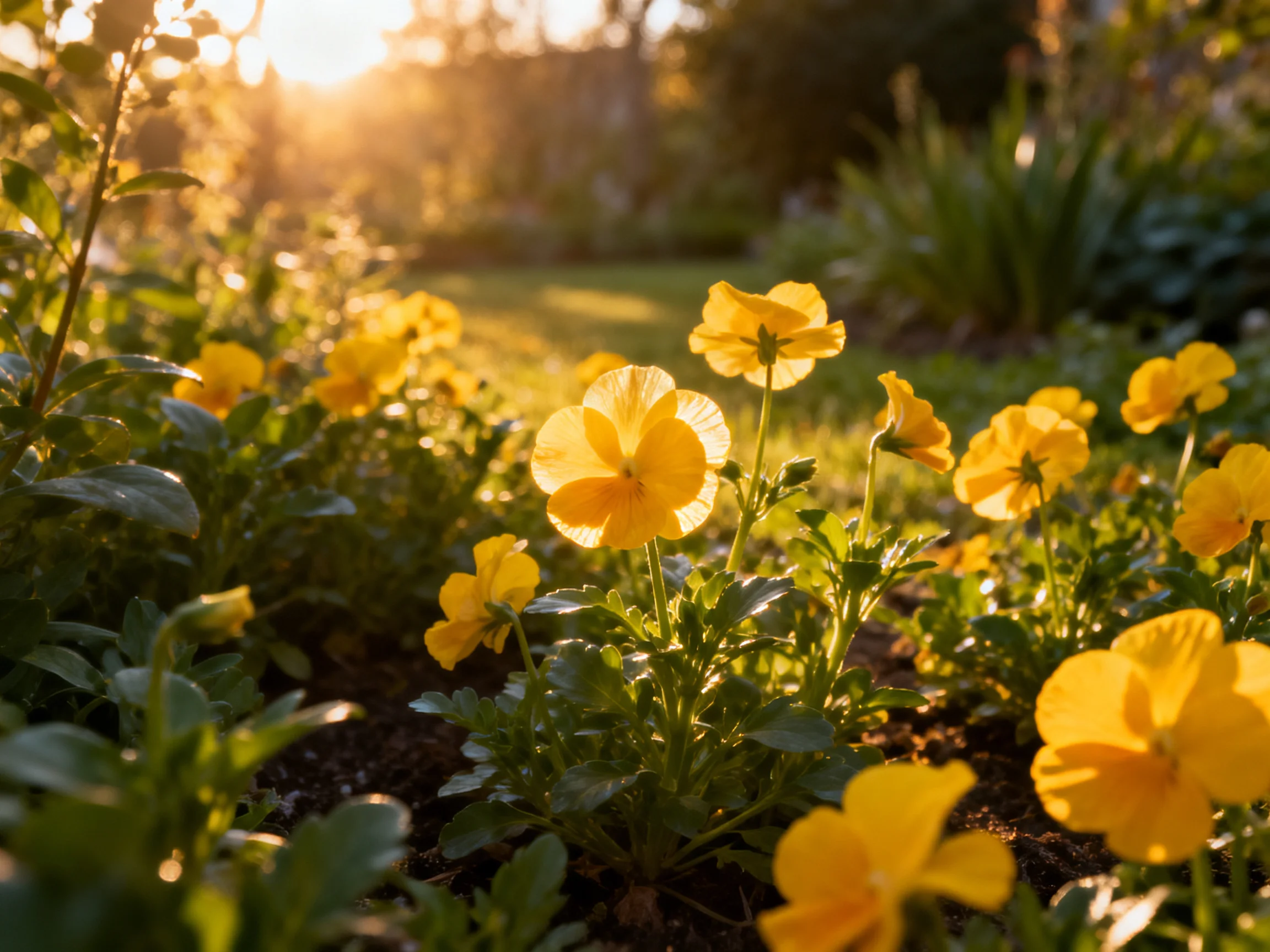 Sunlit Garden with Bright Yellow Flowers and Green Foliage