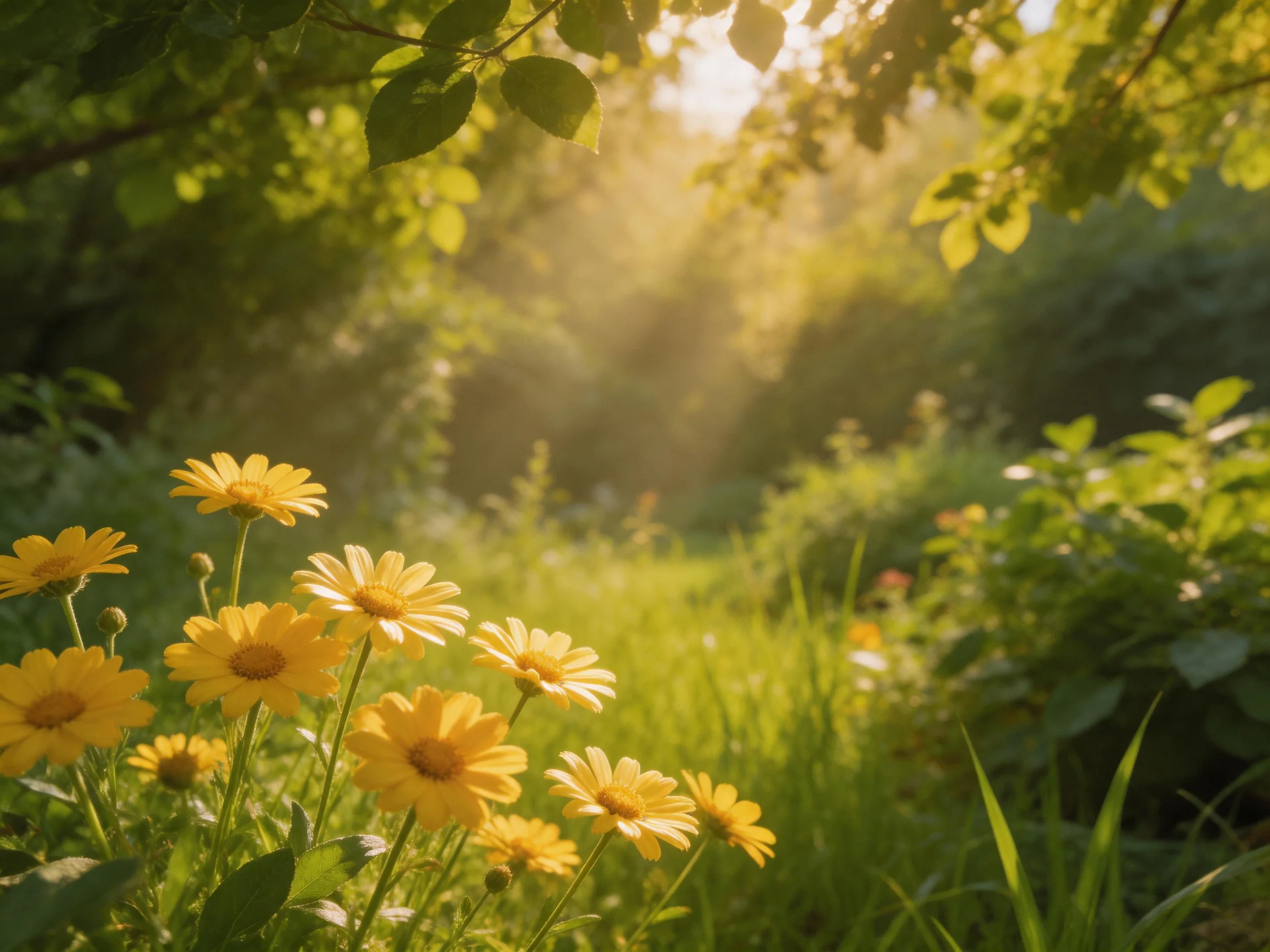 Sunlit Garden with Bright Yellow Flowers and Lush Green Foliage