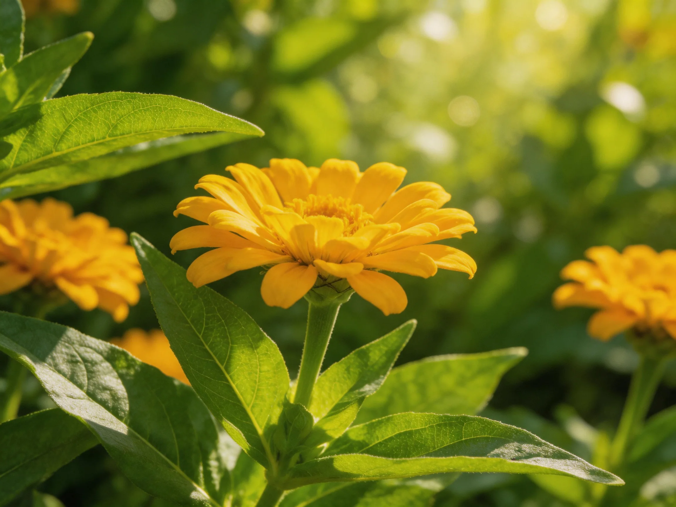 Sunlit Garden with Vibrant Yellow Flowers and Lush Green Foliage