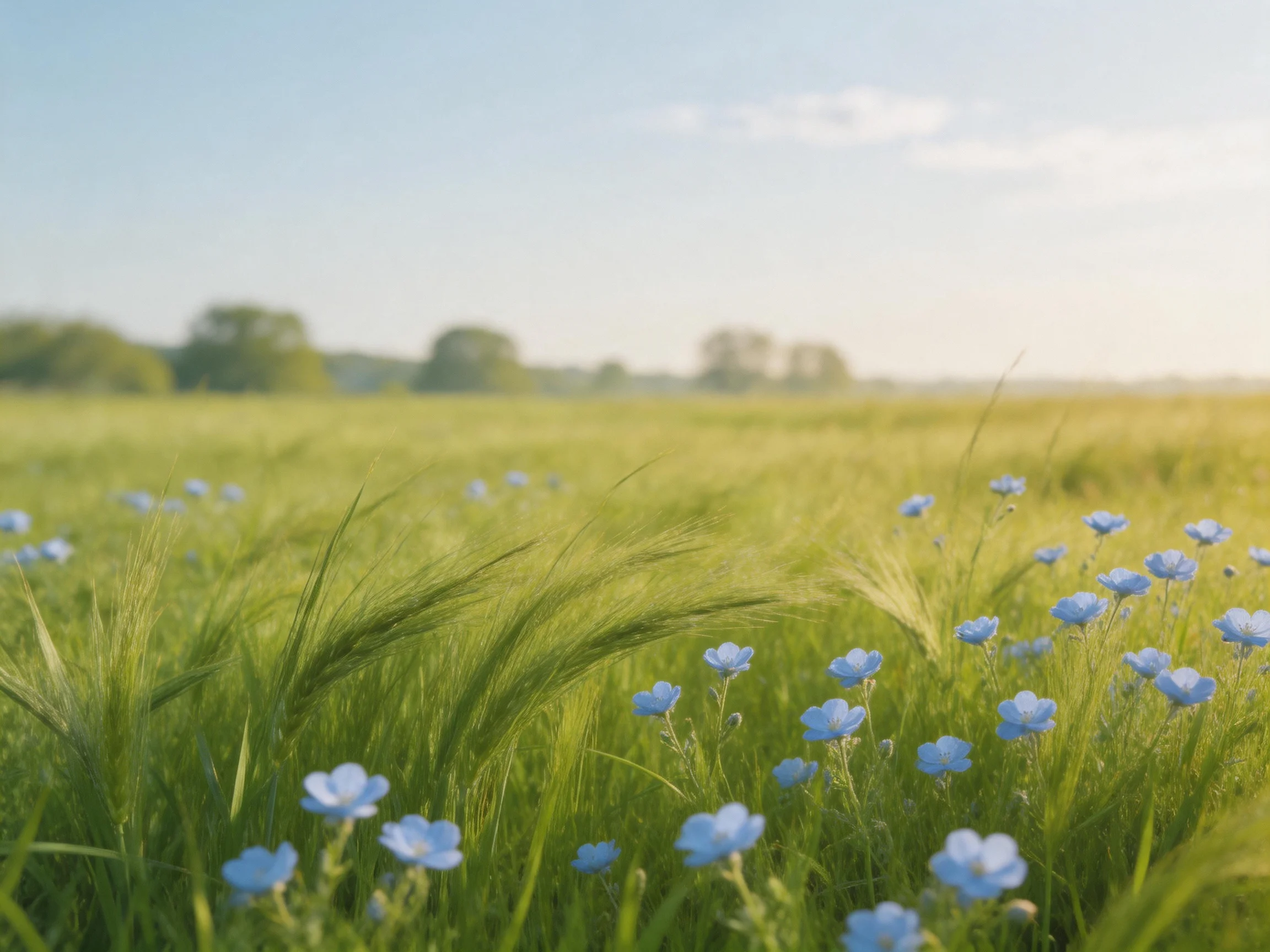 Sunlit Meadow With Lush Green Grass and Scattered Blue Wildflowers