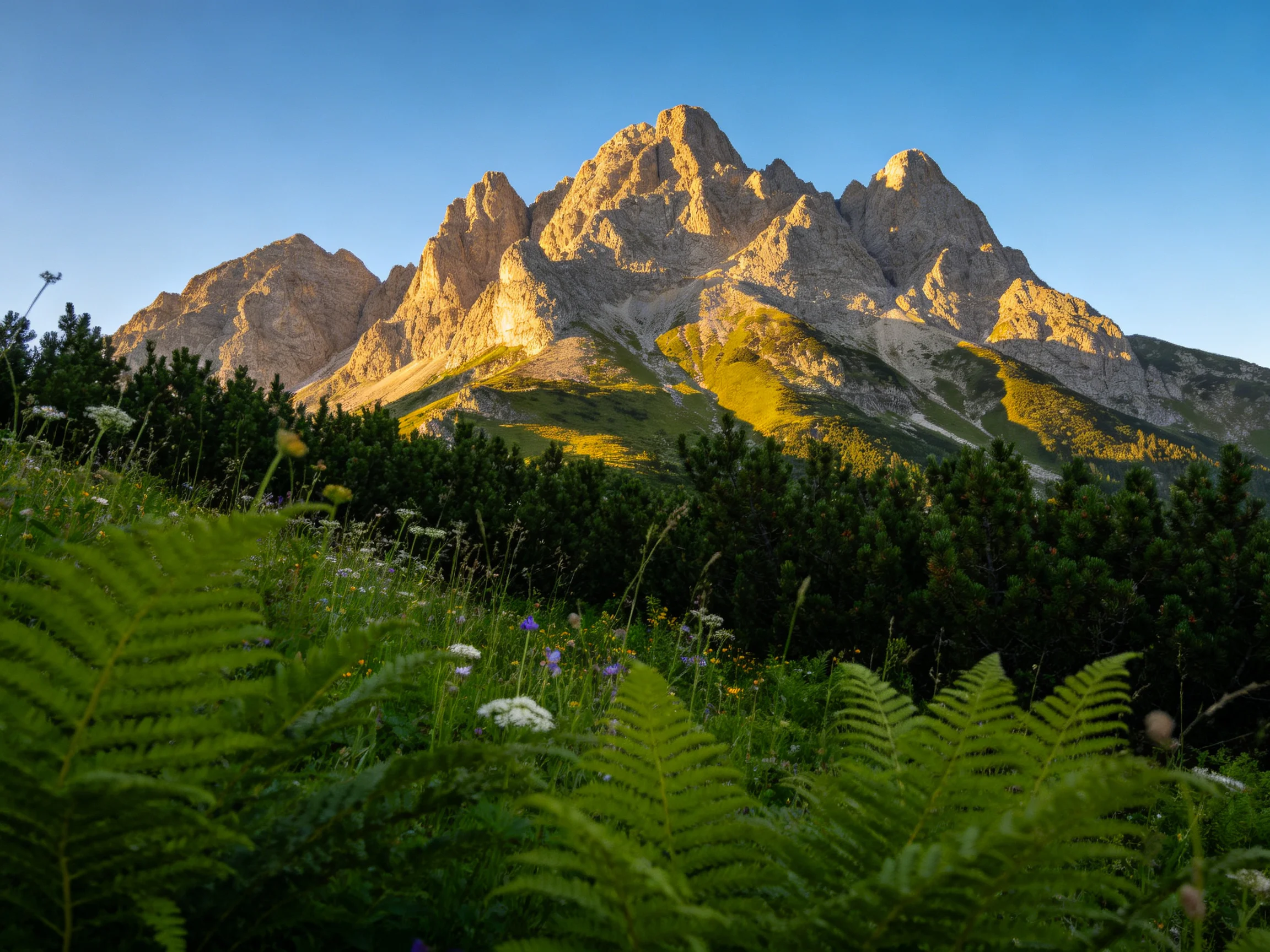 Sunlit Mountain Peaks with Lush Green Ferns and Wildflowers