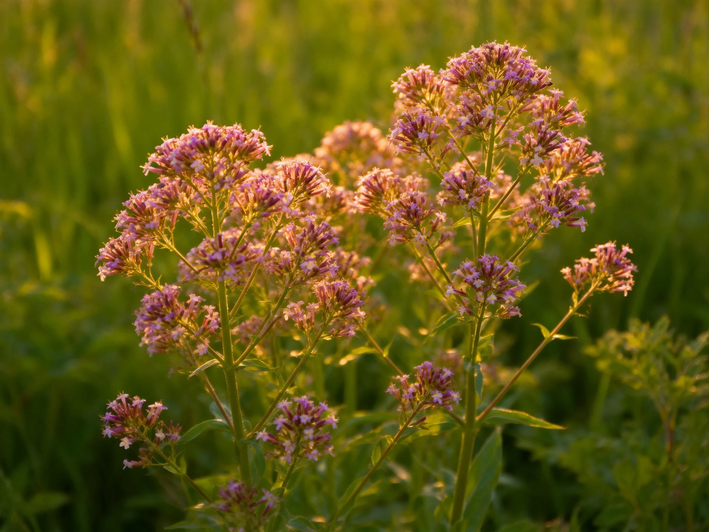 Sunlit Purple Wildflower Clusters in Lush Green Field