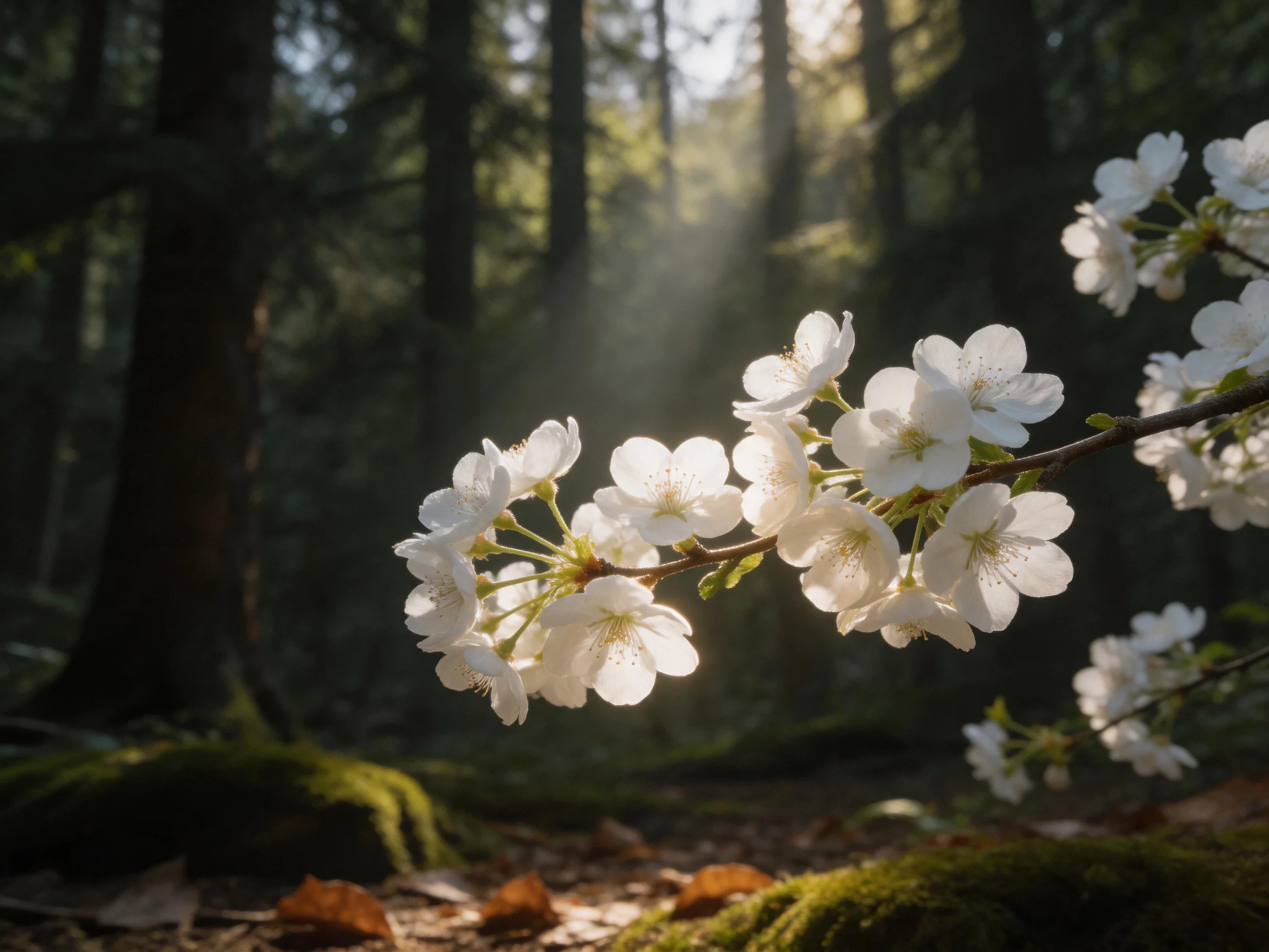 Sunlit White Blossoms in a Misty Forest