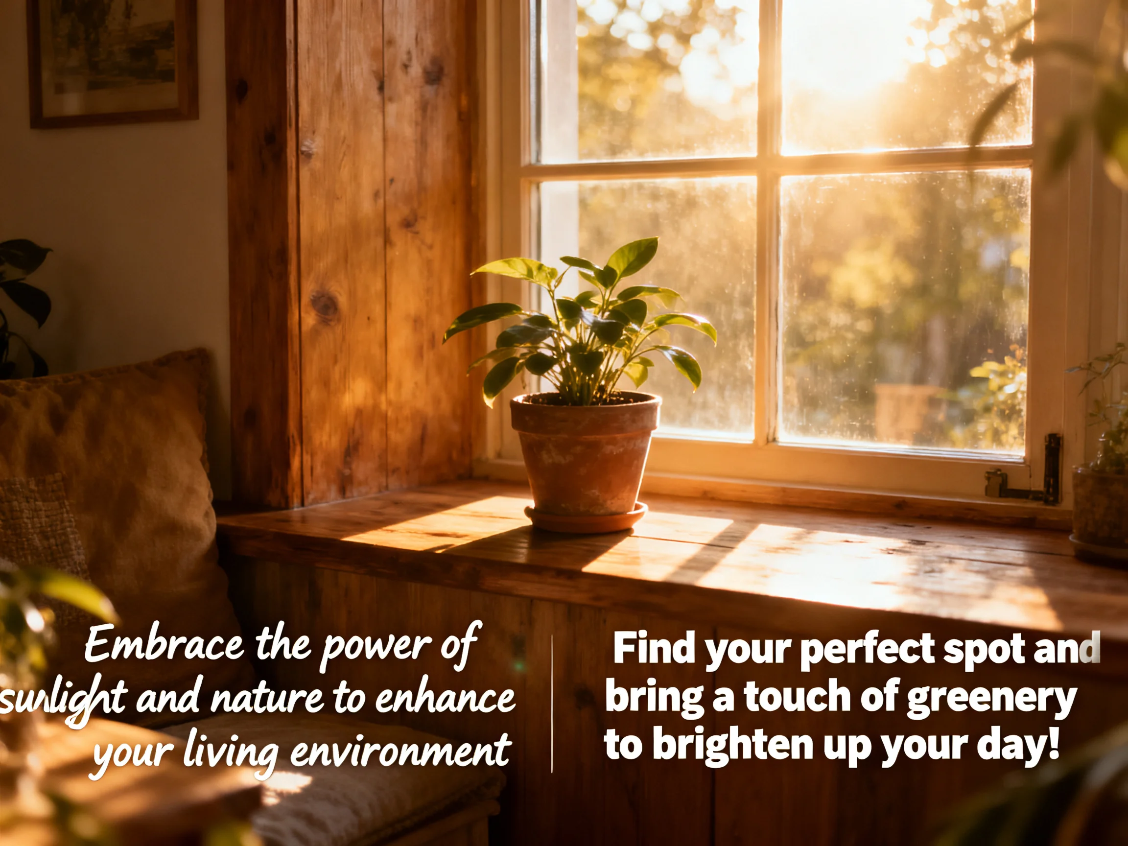 Sunlit Window with Potted Plant in Rustic Interior