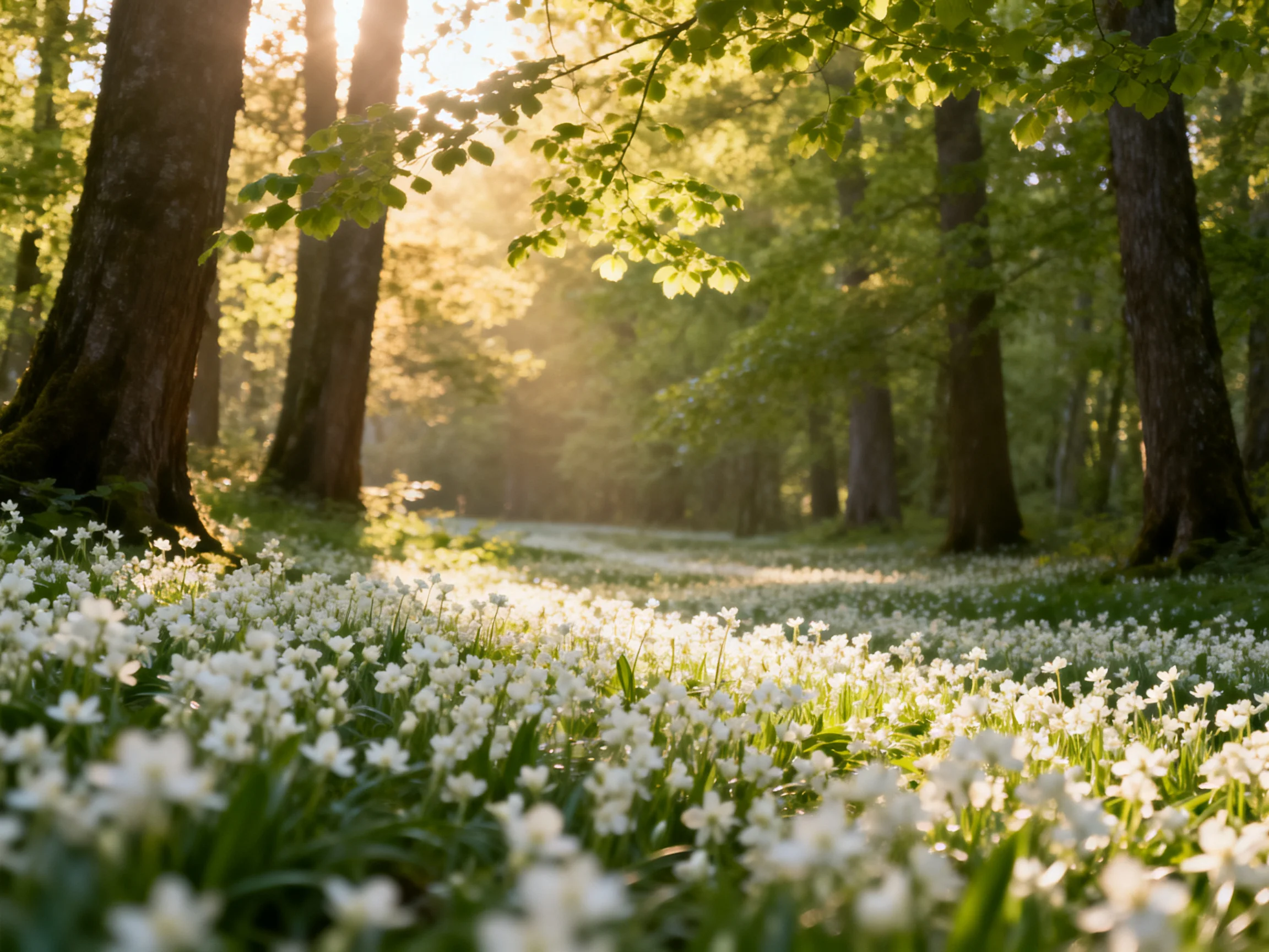 Sunlit forest path covered in white wildflowers among tall trees