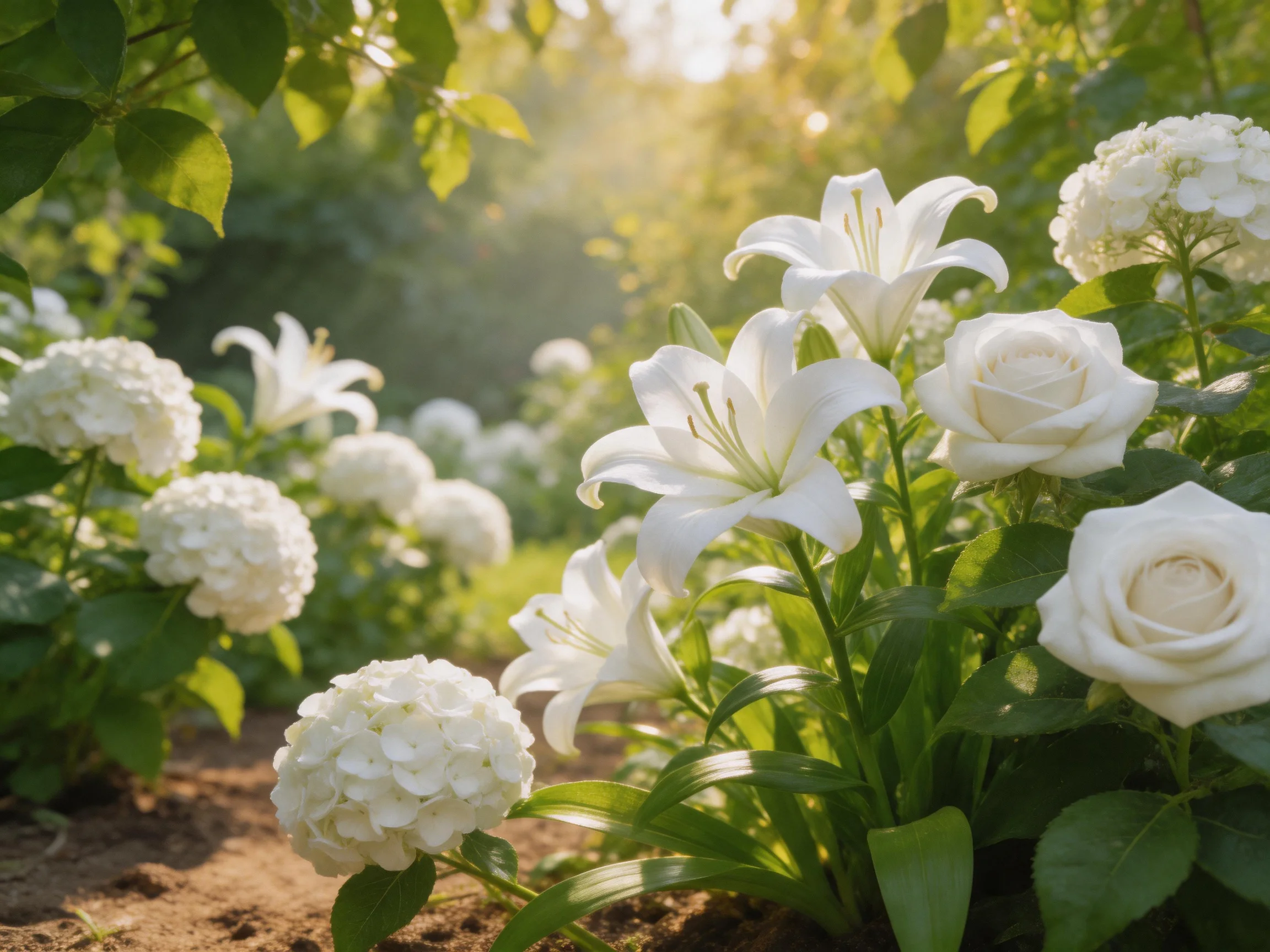 Sunlit garden with white lilies, roses, and hydrangeas
