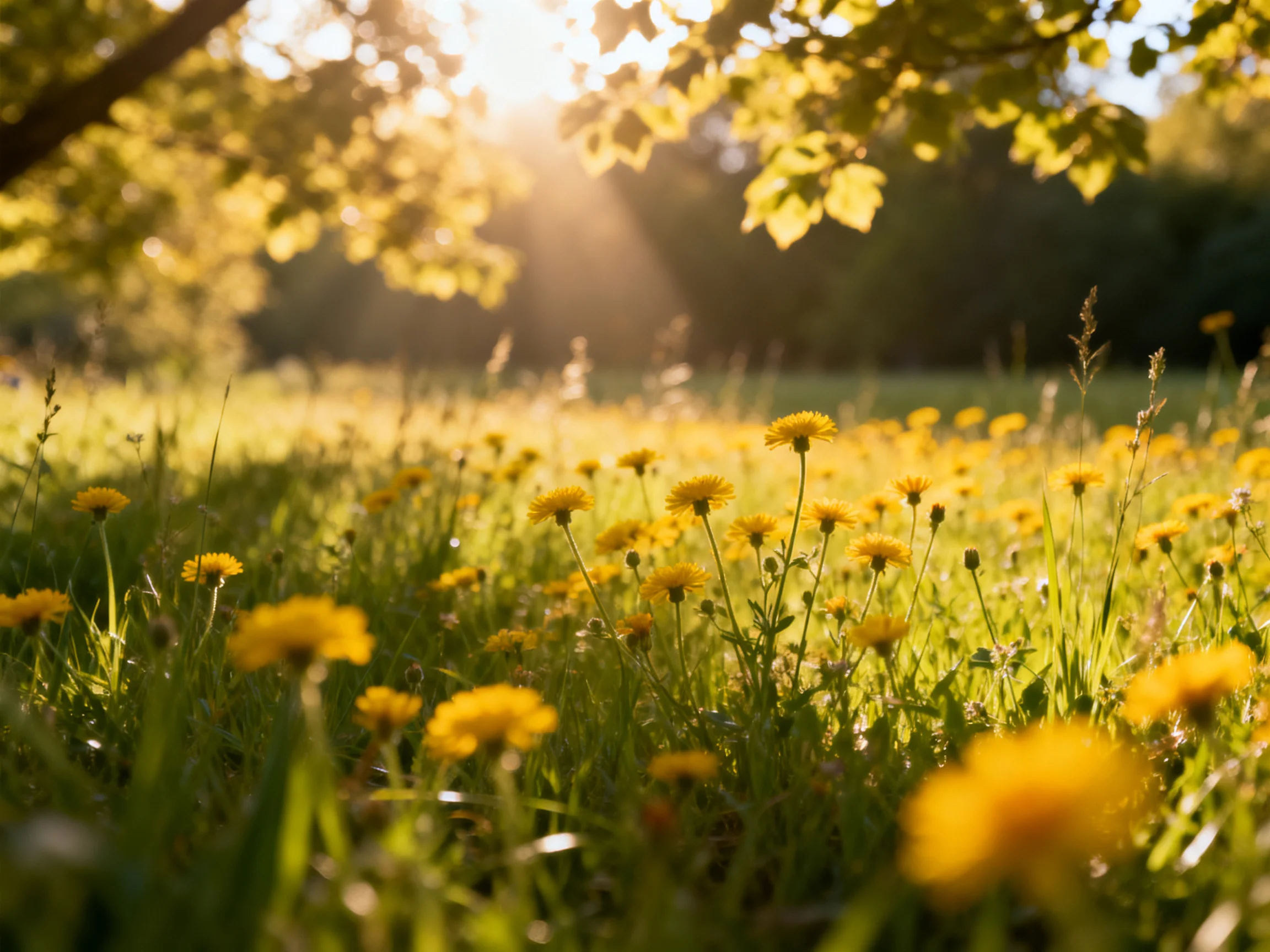 Sunlit meadow abundant with yellow dandelions and green grass
