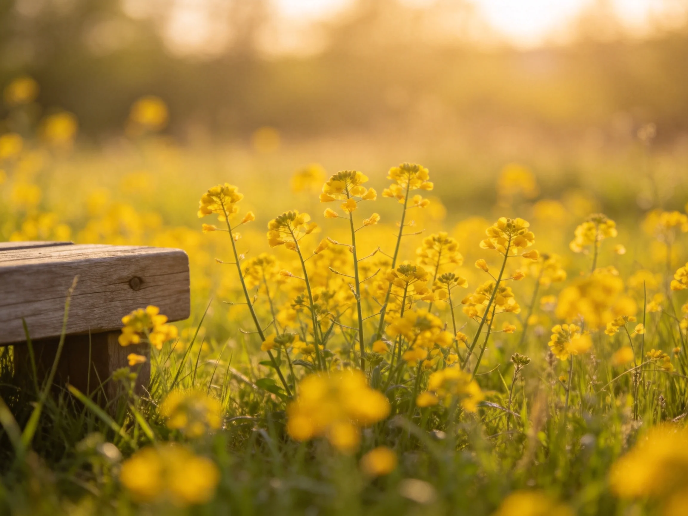 Sunlit meadow with golden wildflowers near a wooden bench