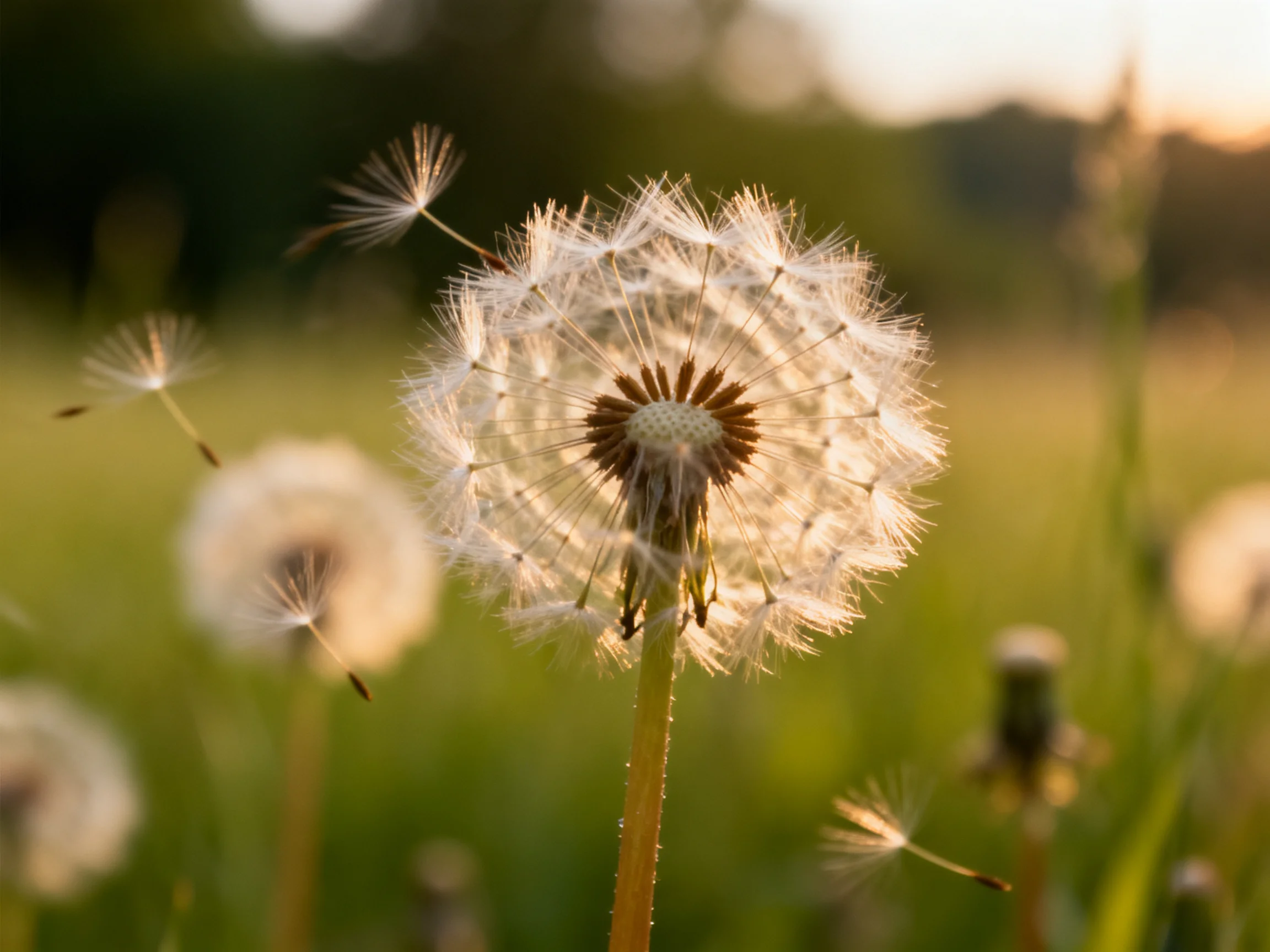 Sunlit meadow with numerous dandelion seed heads