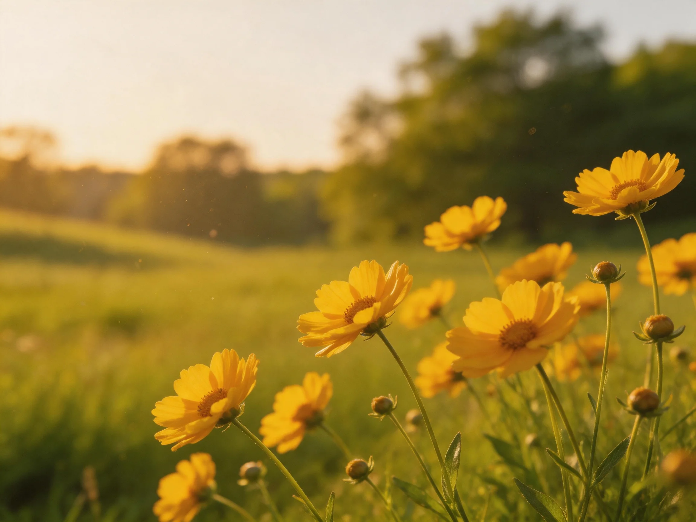 Sunlit yellow wildflowers bloom in a lush green meadow