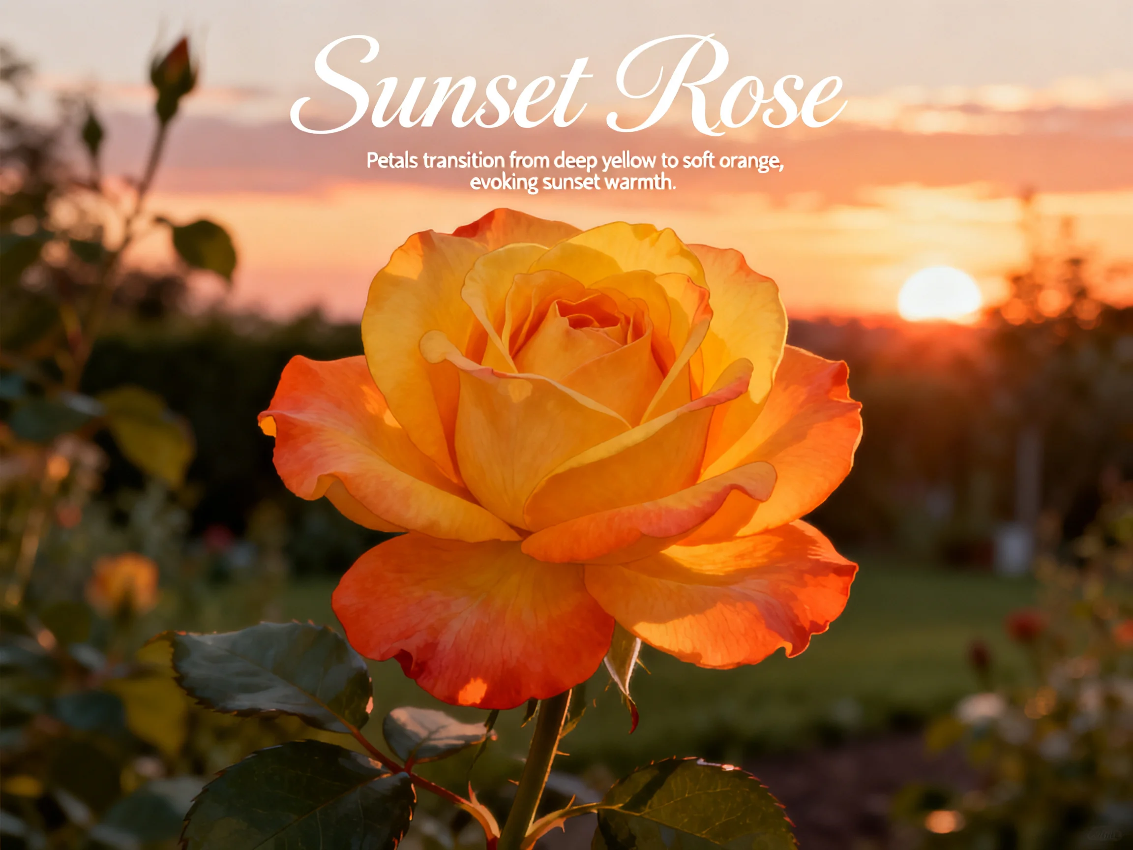 Sunset Rose: Deep yellow to soft orange petals beside glowing sunset