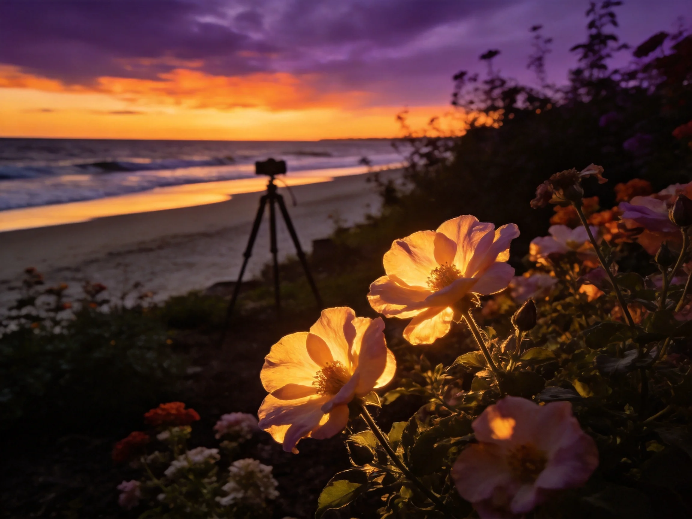 Sunset over beach with glowing flowers near camera tripod