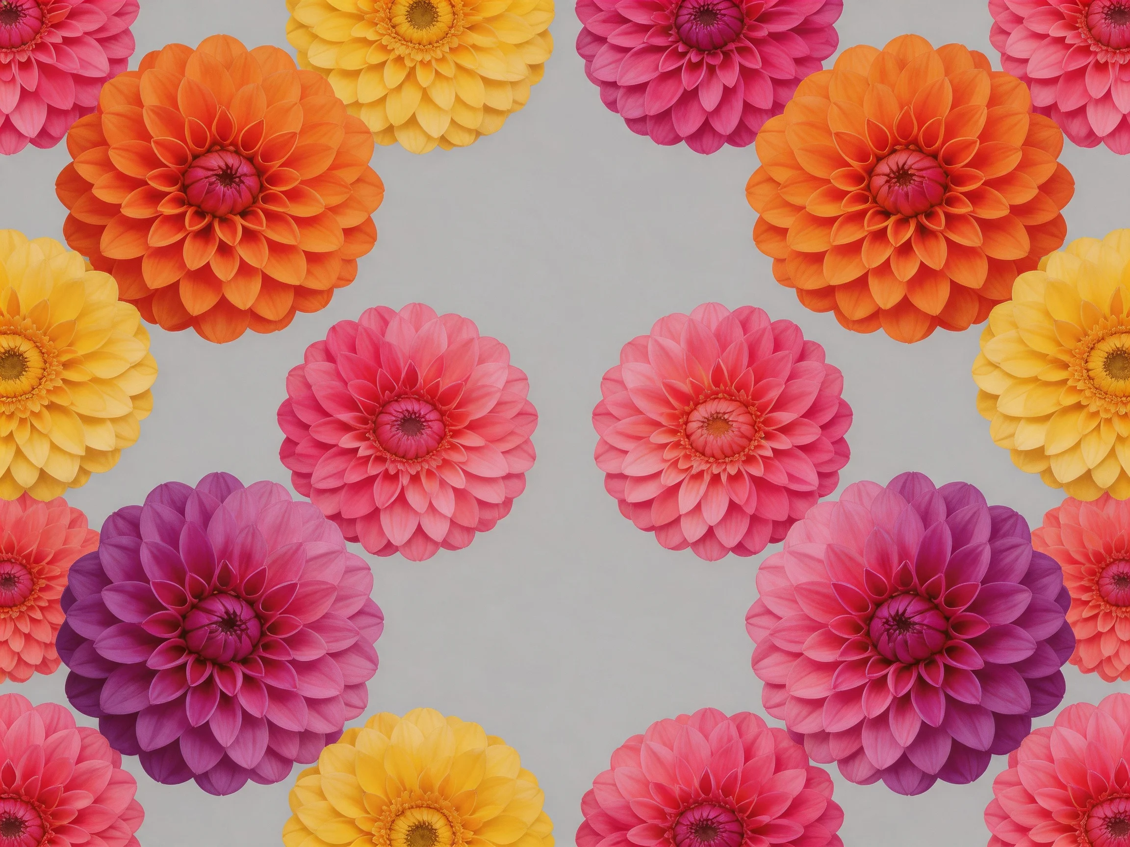 Symmetrical arrangement of colorful chrysanthemums in diverse hues