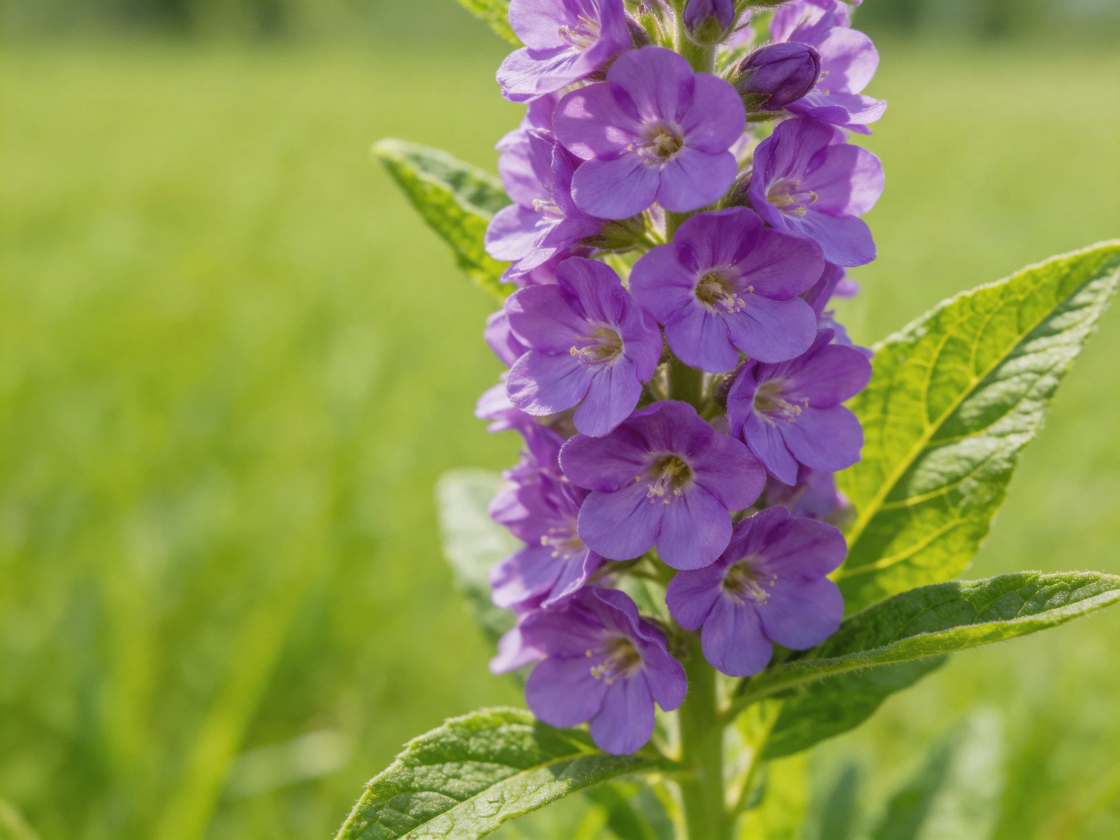 Tall cluster of vibrant purple flowers with broad green leaves