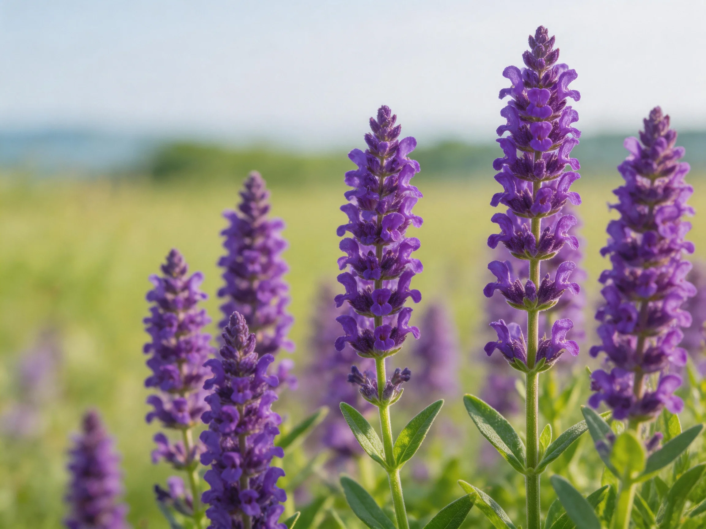 Tall clusters of vibrant purple flowers bloom in a sunlit meadow