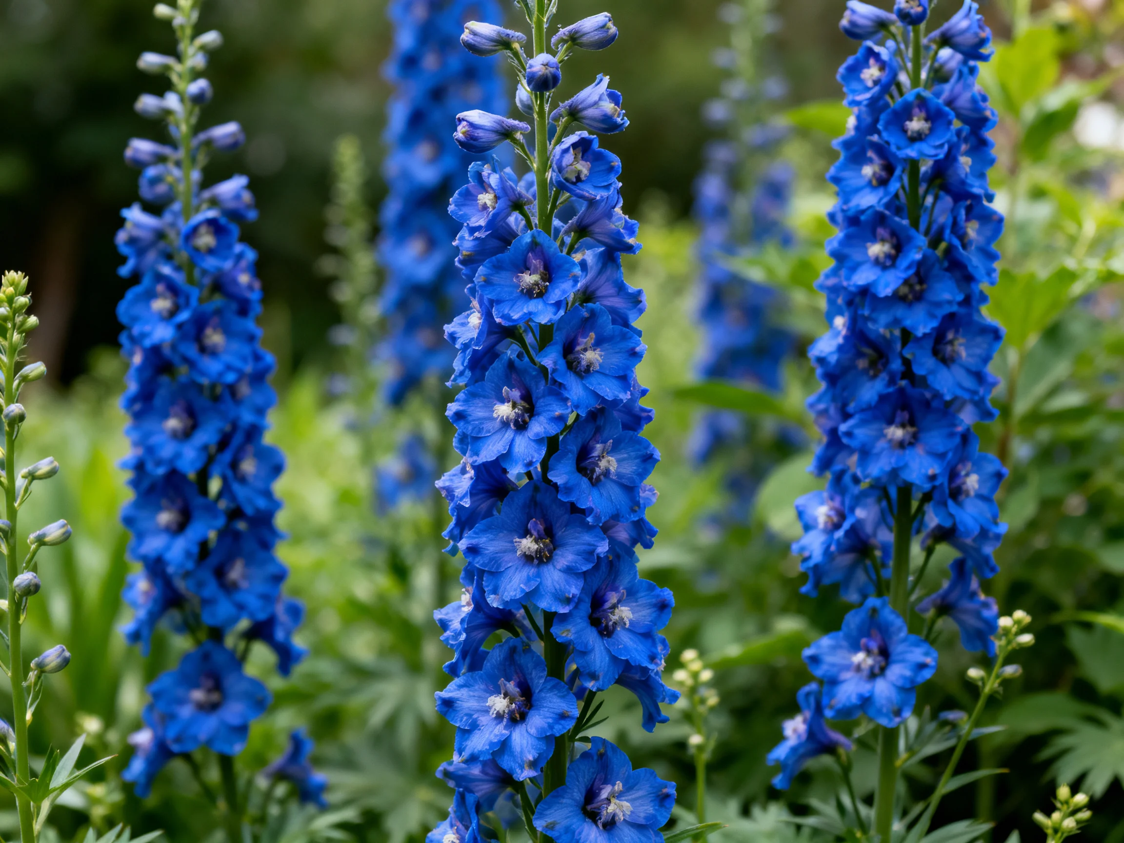 Tall clusters of vivid blue delphinium blooms