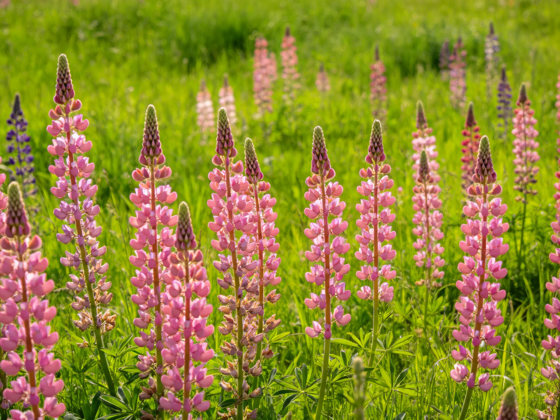 Tall pink and purple lupine blooms in a sun-drenched green meadow