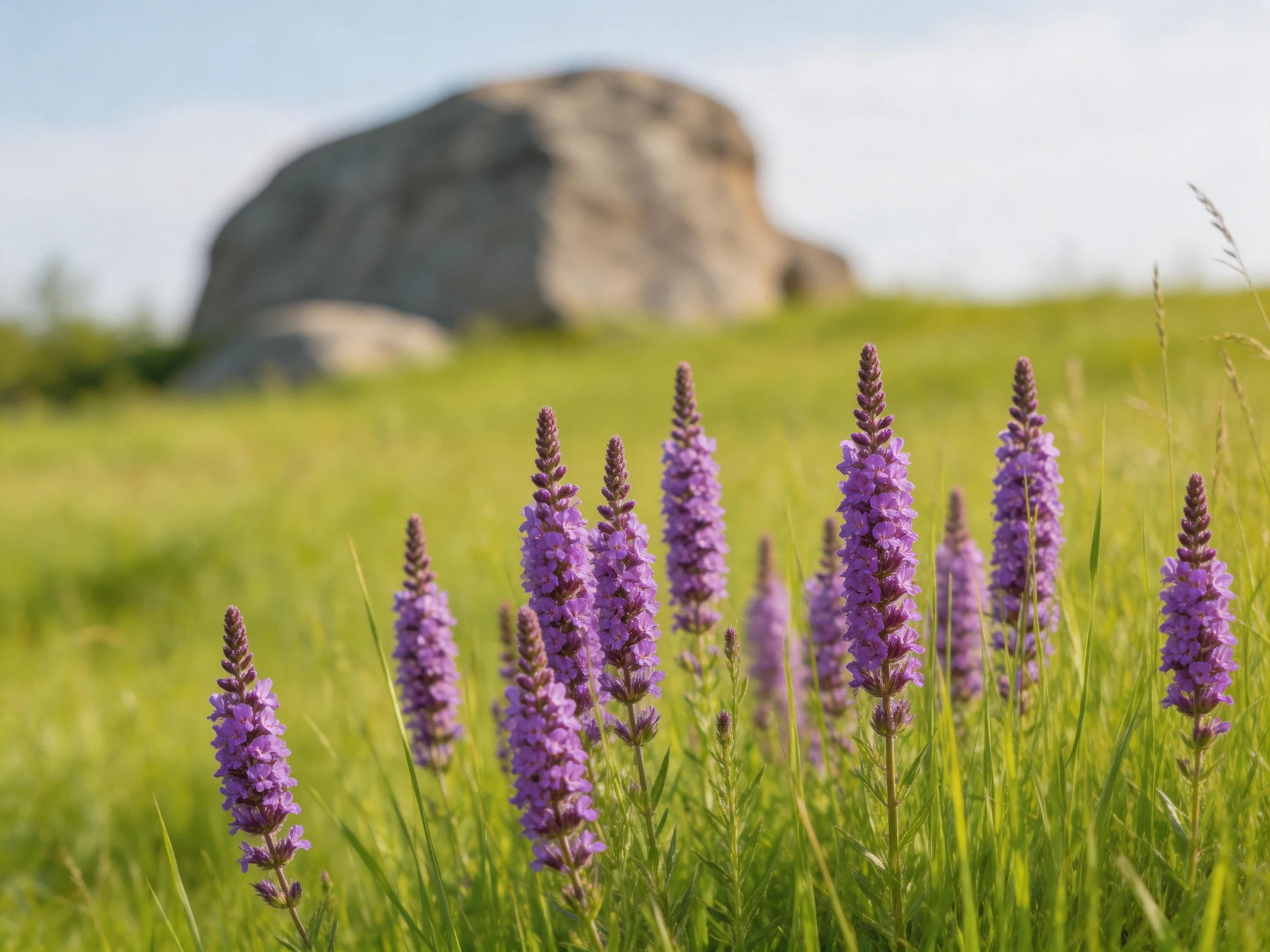 Tall purple wildflowers in lush green meadow near a large gray rock