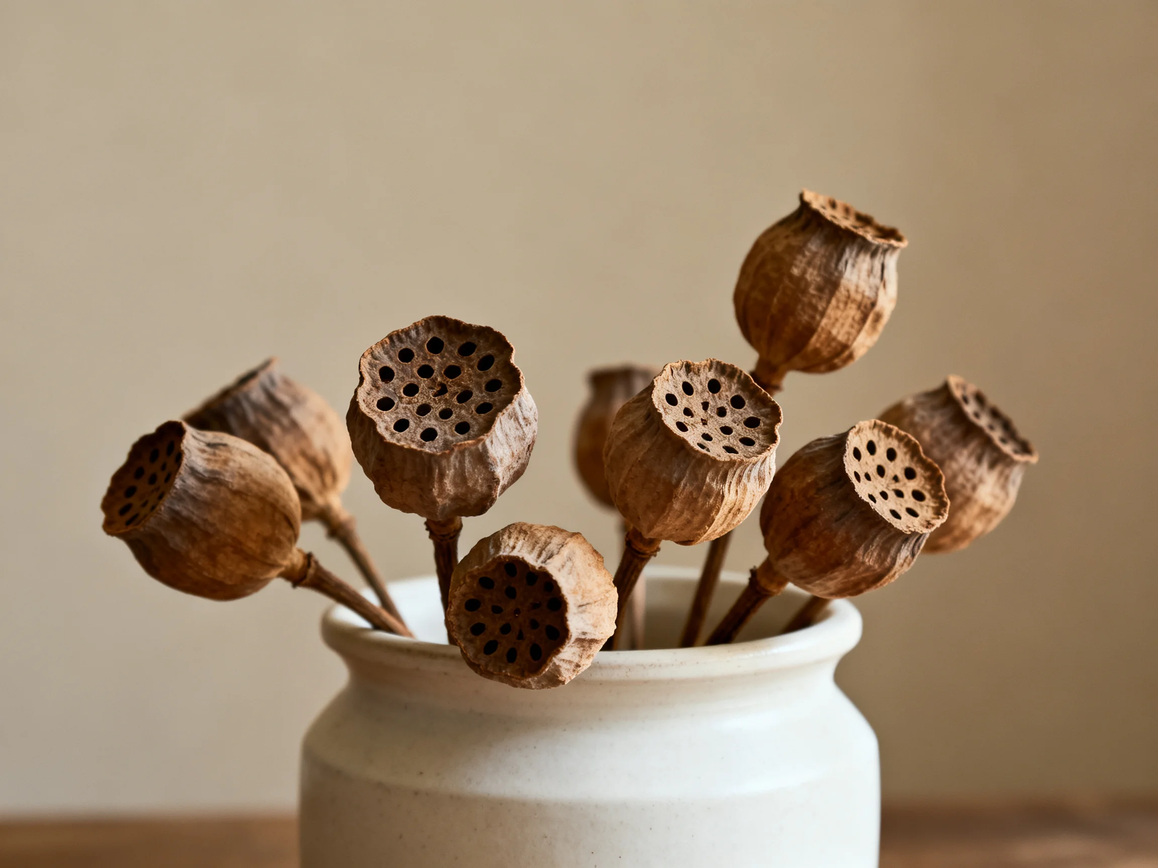 Ten dried brown seed pod heads in a white ceramic vase