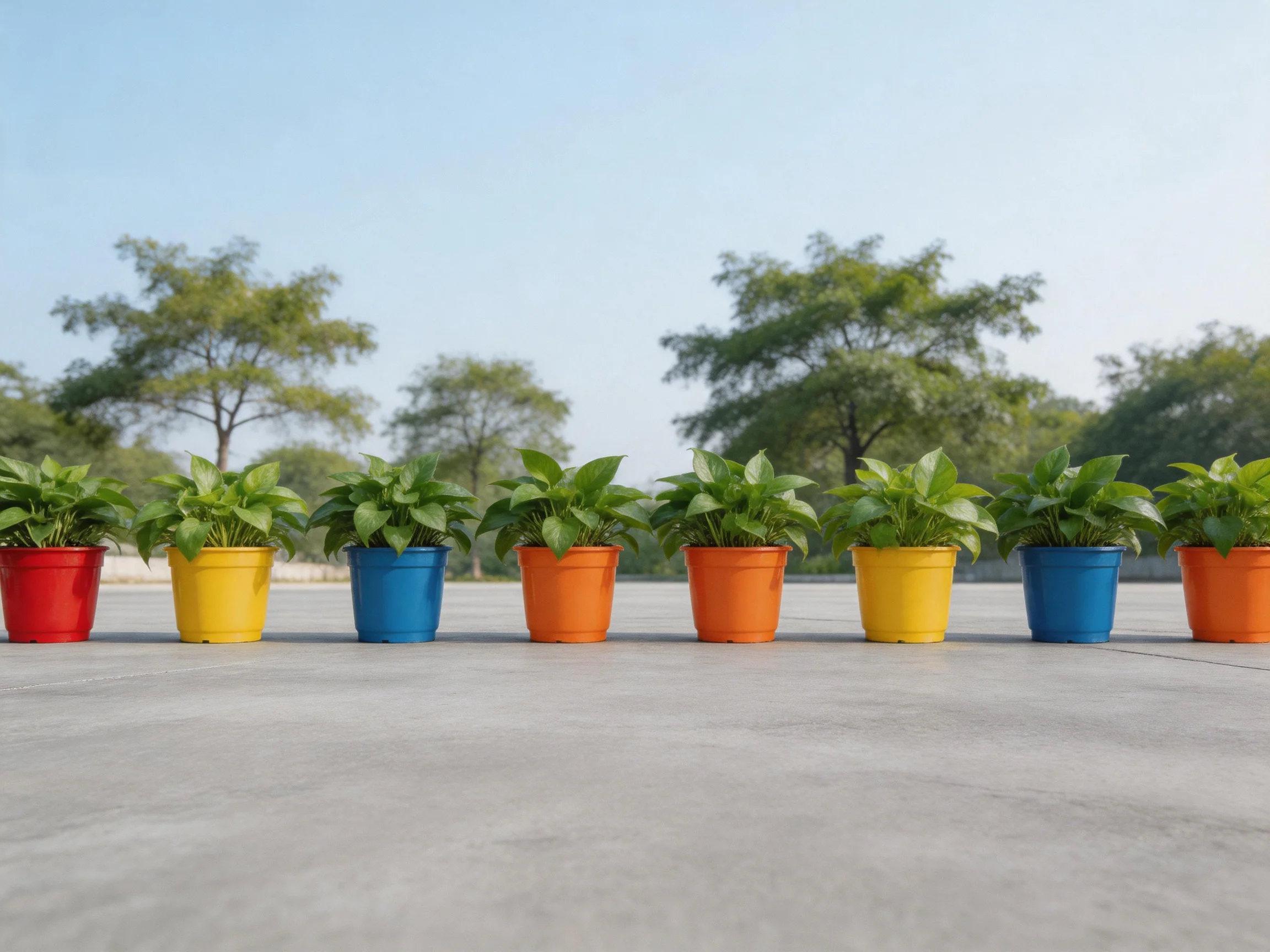 Ten potted plants in colorful pots arranged outdoors