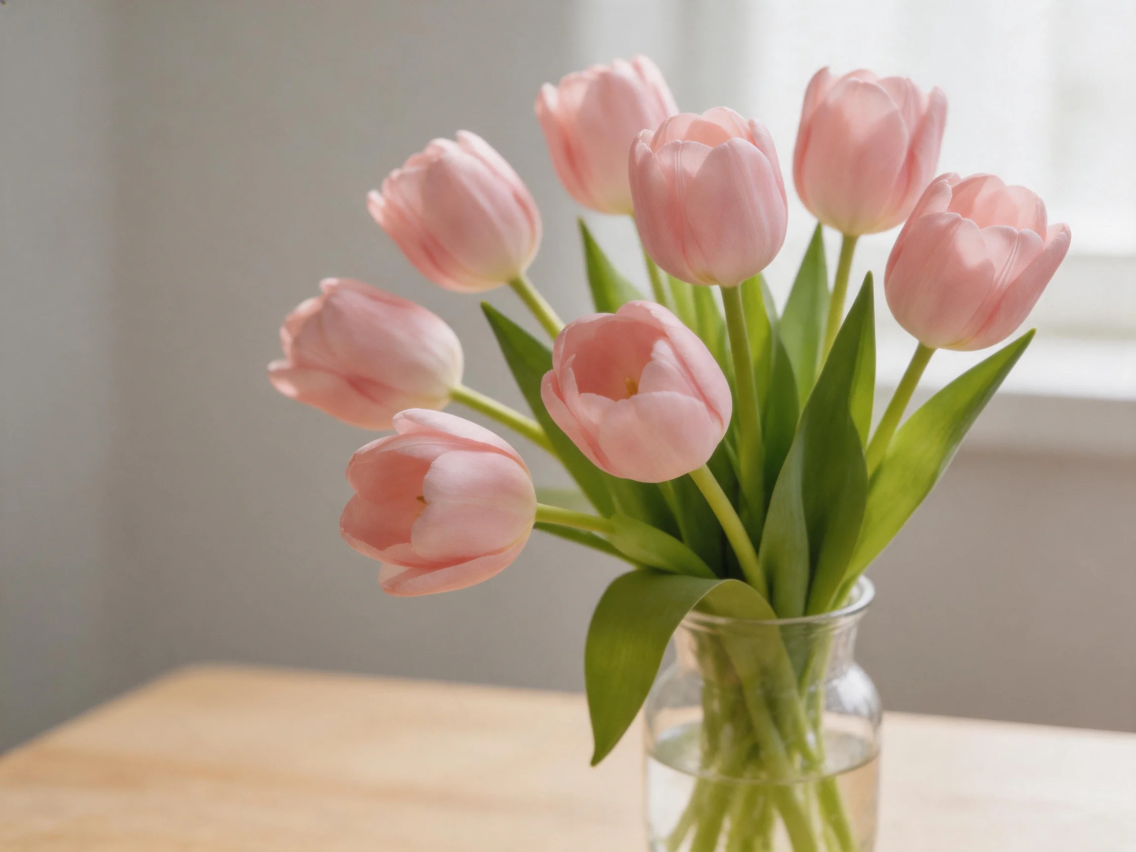 Ten soft pink tulips arranged in a clear glass vase on a wooden table