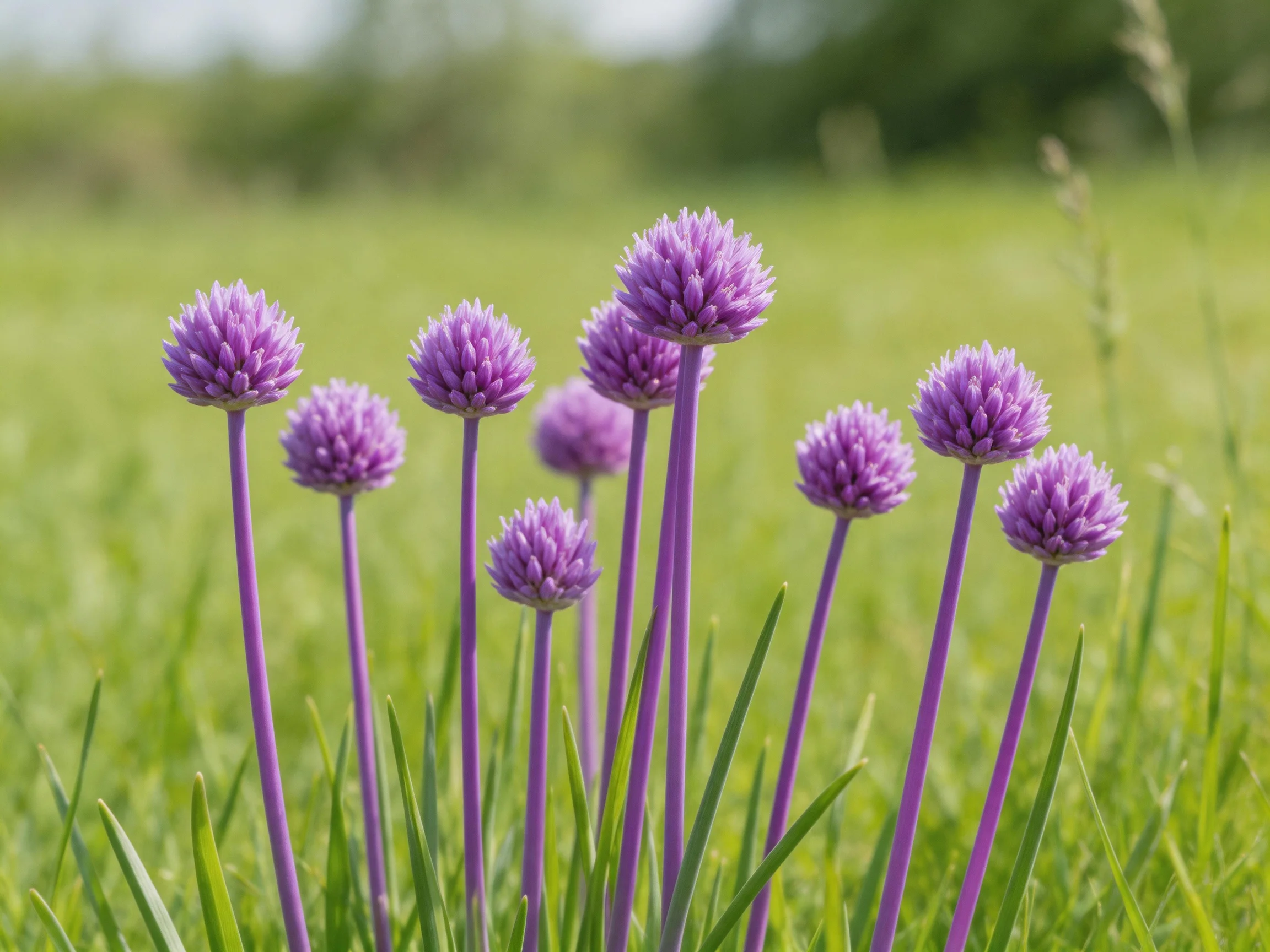 Ten vibrant purple allium blooms stand among lush green grass