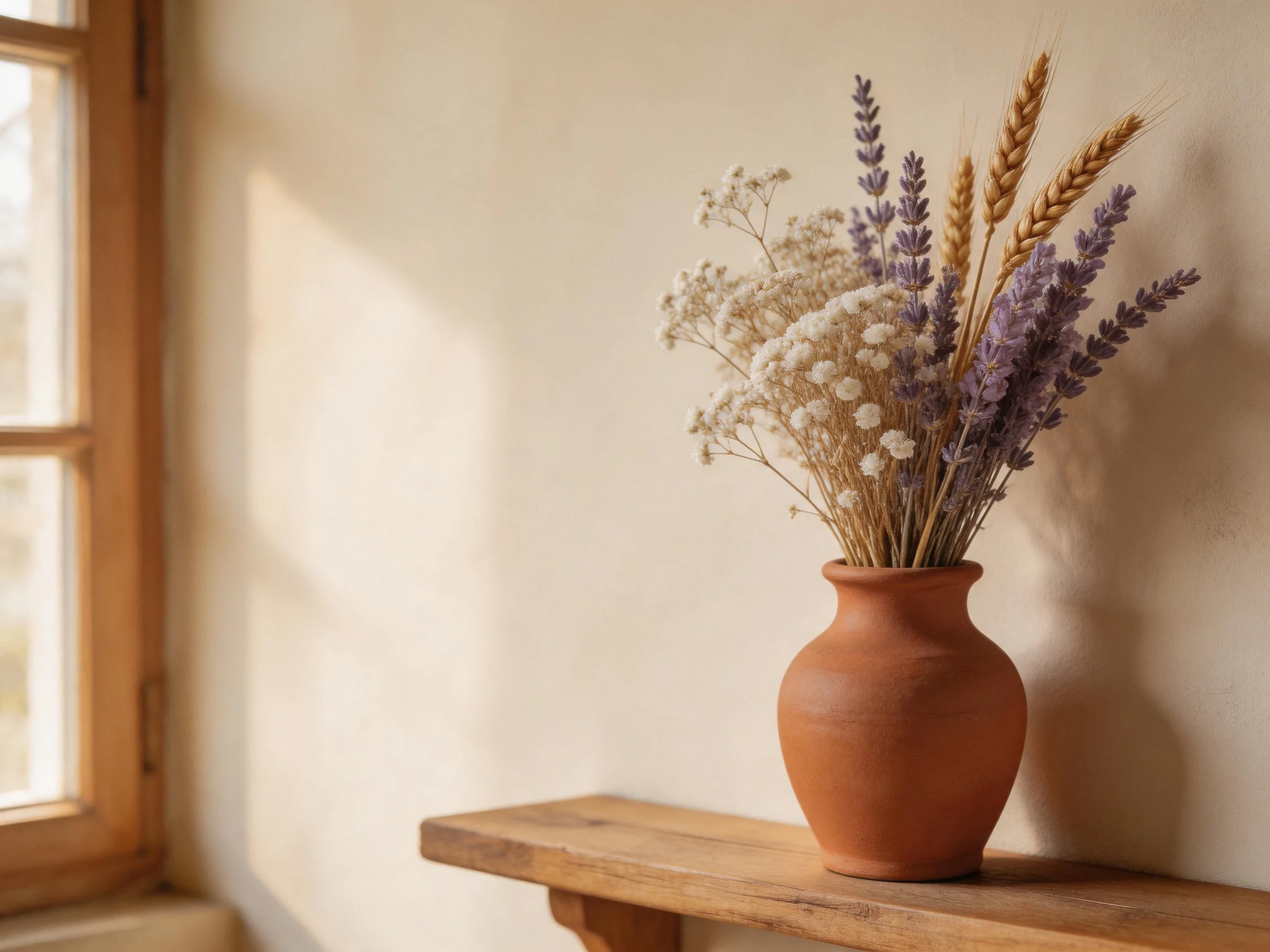 Terracotta vase holds dried lavender, baby’s breath, and wheat on a wooden shelf