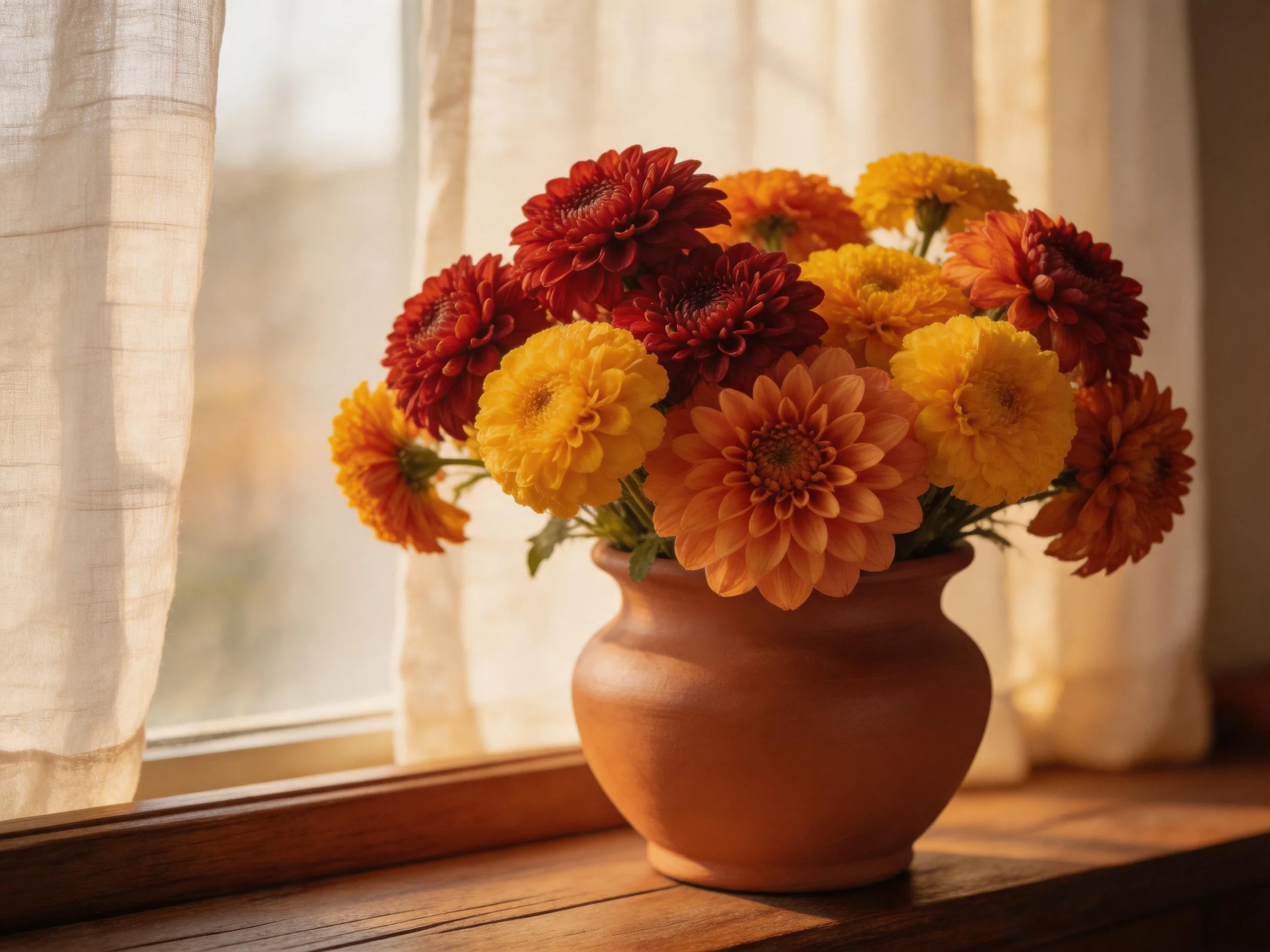 Terracotta vase holds vibrant red, yellow, orange flowers by sunlit window