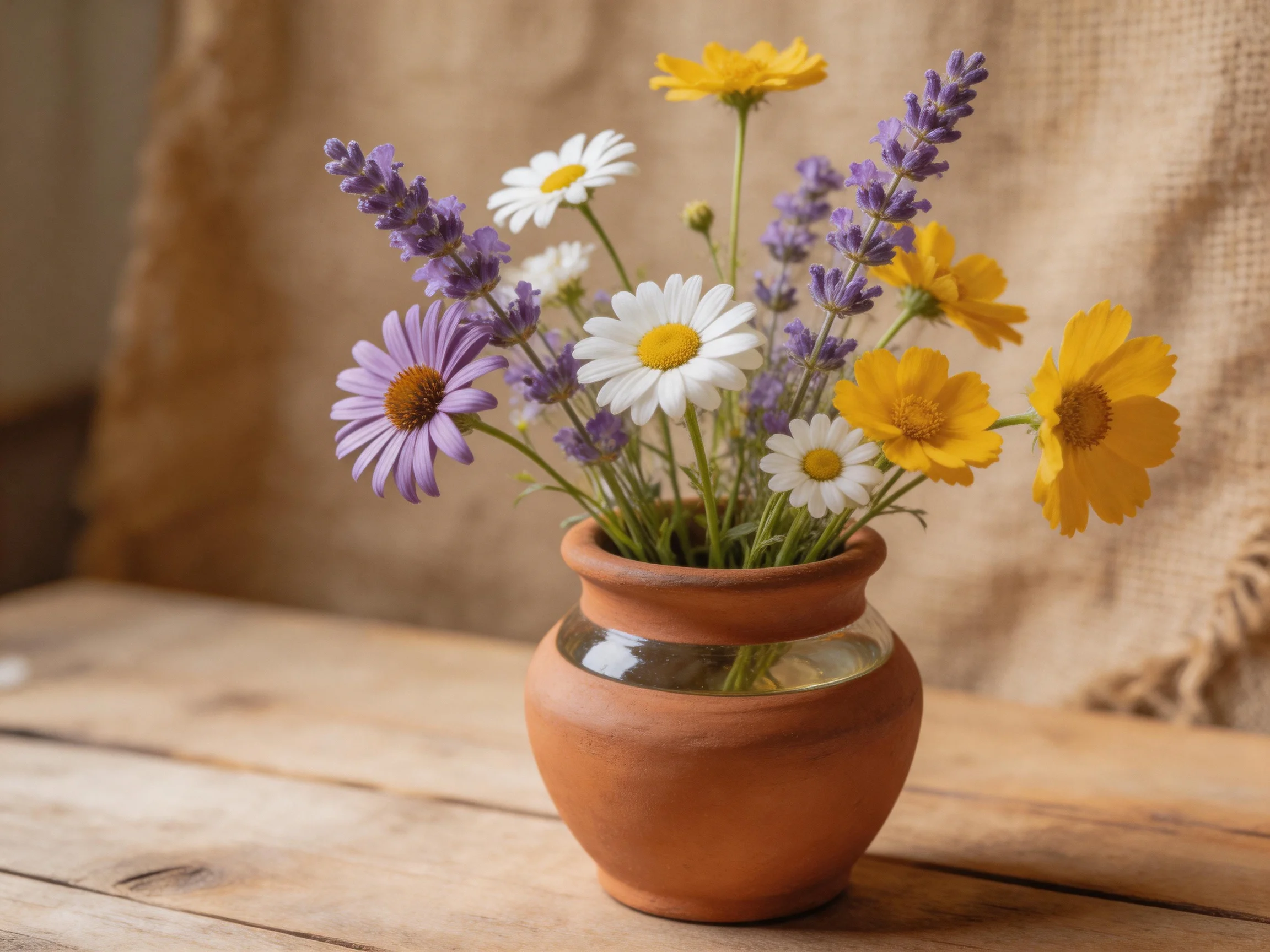 Terracotta vase with assorted wildflowers including daisies and lavender