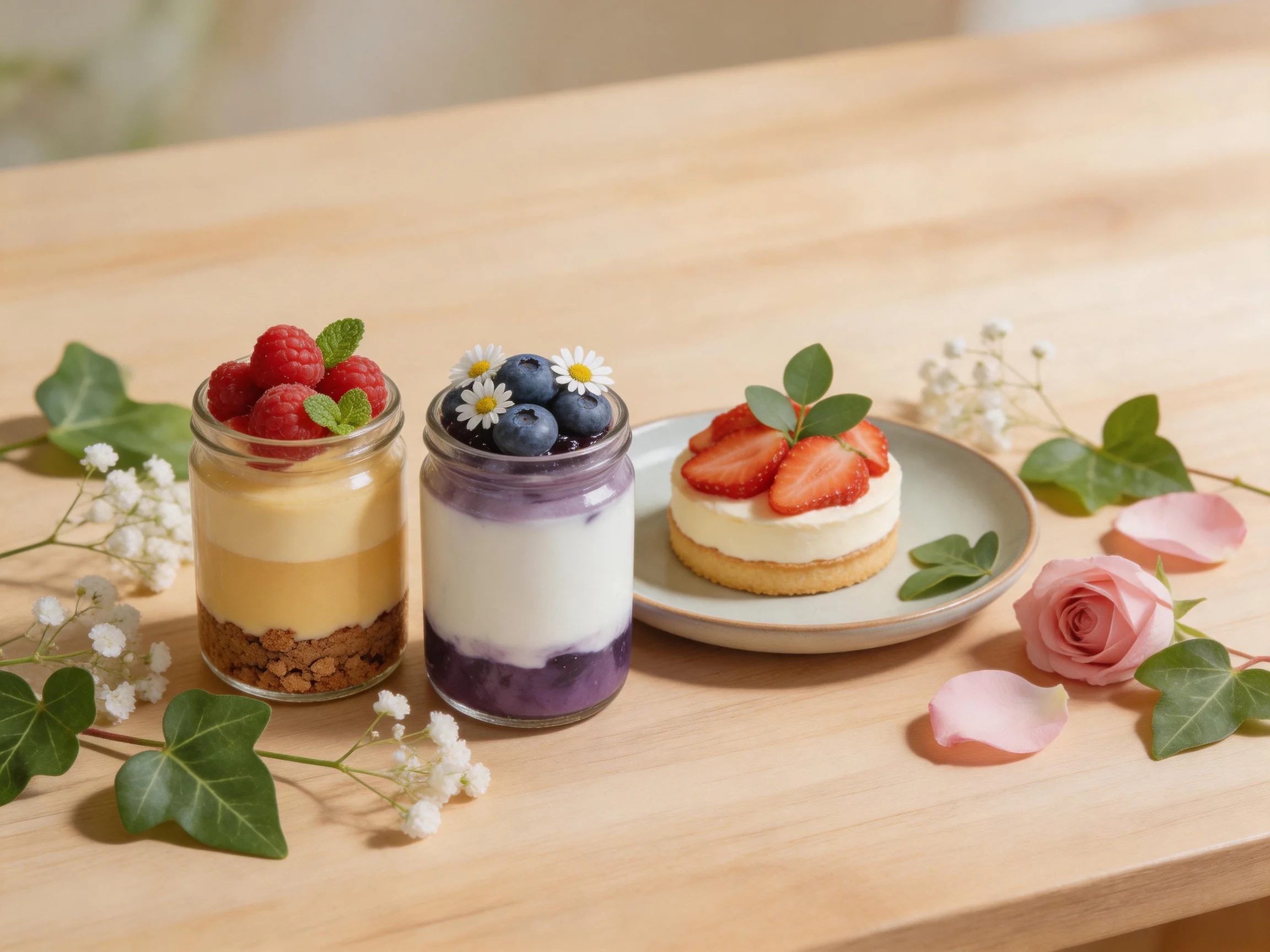 Three assorted desserts with fresh berries and flowers on a wooden table