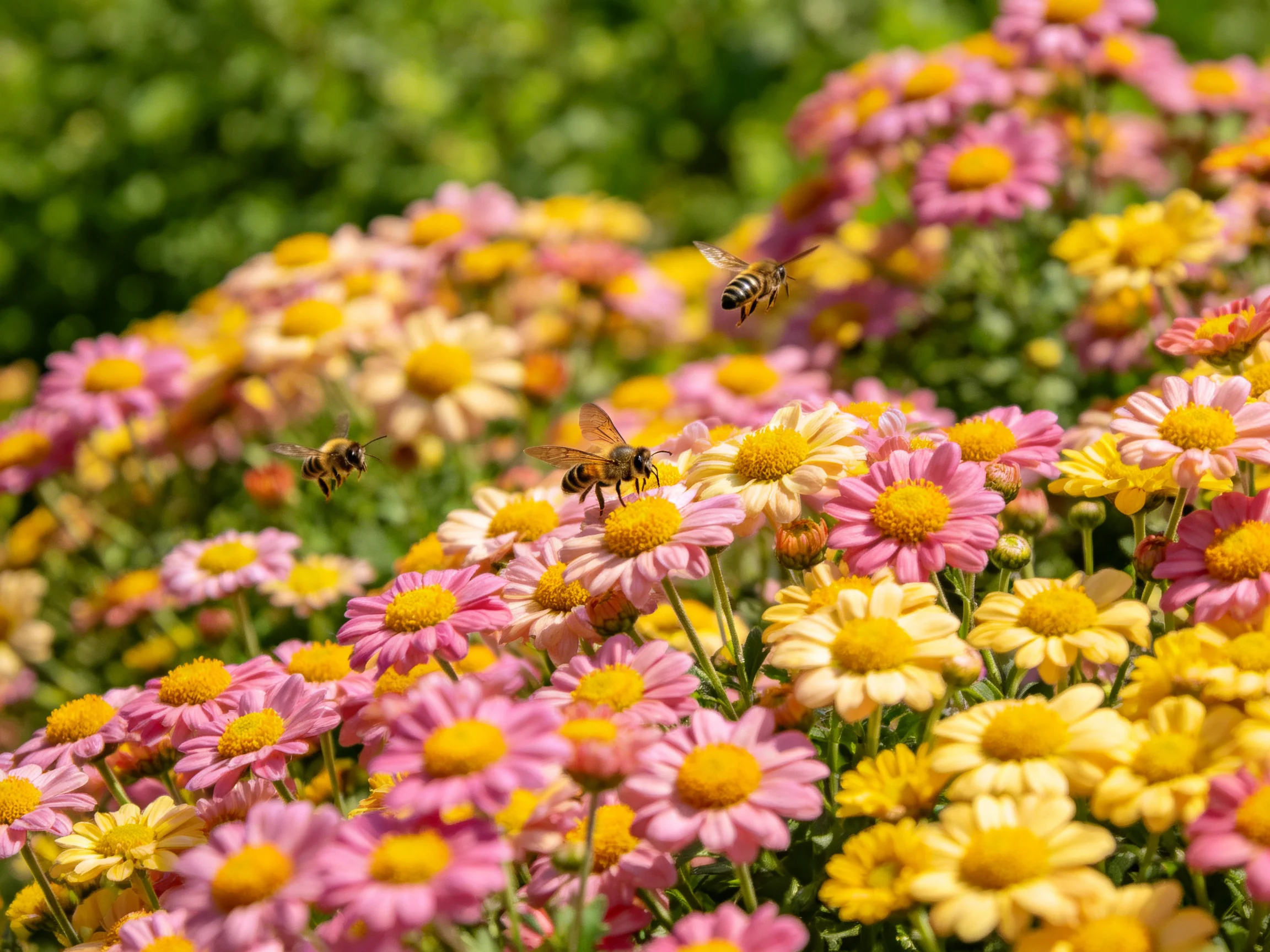 Three bees among vibrant pink and yellow daisies in a sunny garden