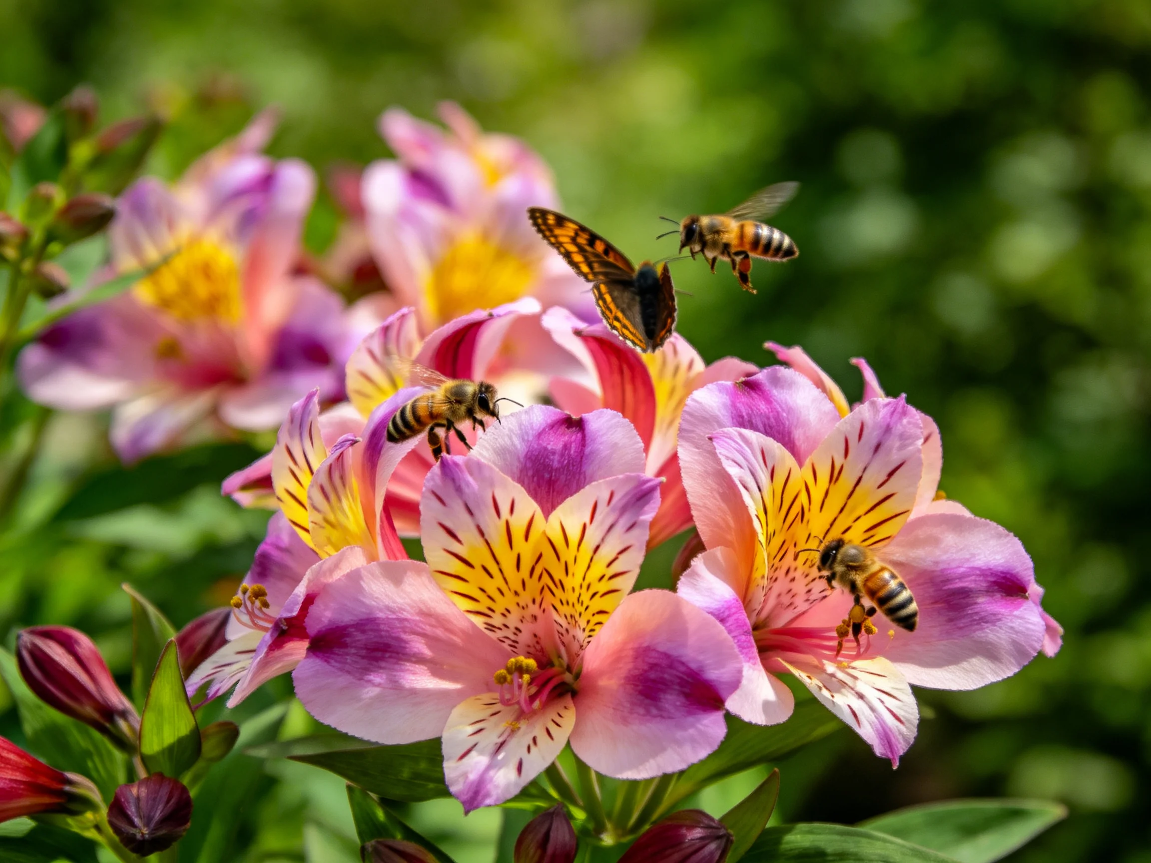 Three bees and a butterfly gather nectar from vibrant pink-purple alstroemeria flowers