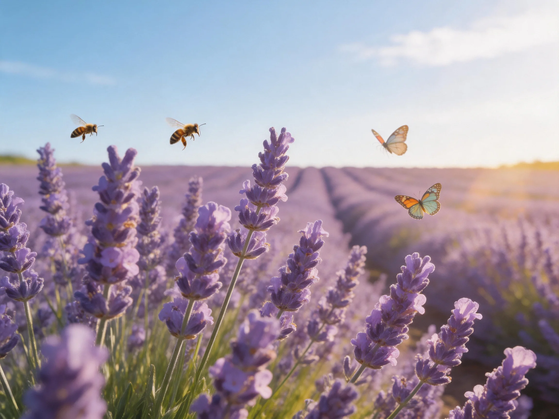 Three bees and two butterflies hover over a vast lavender field under bright sunlight