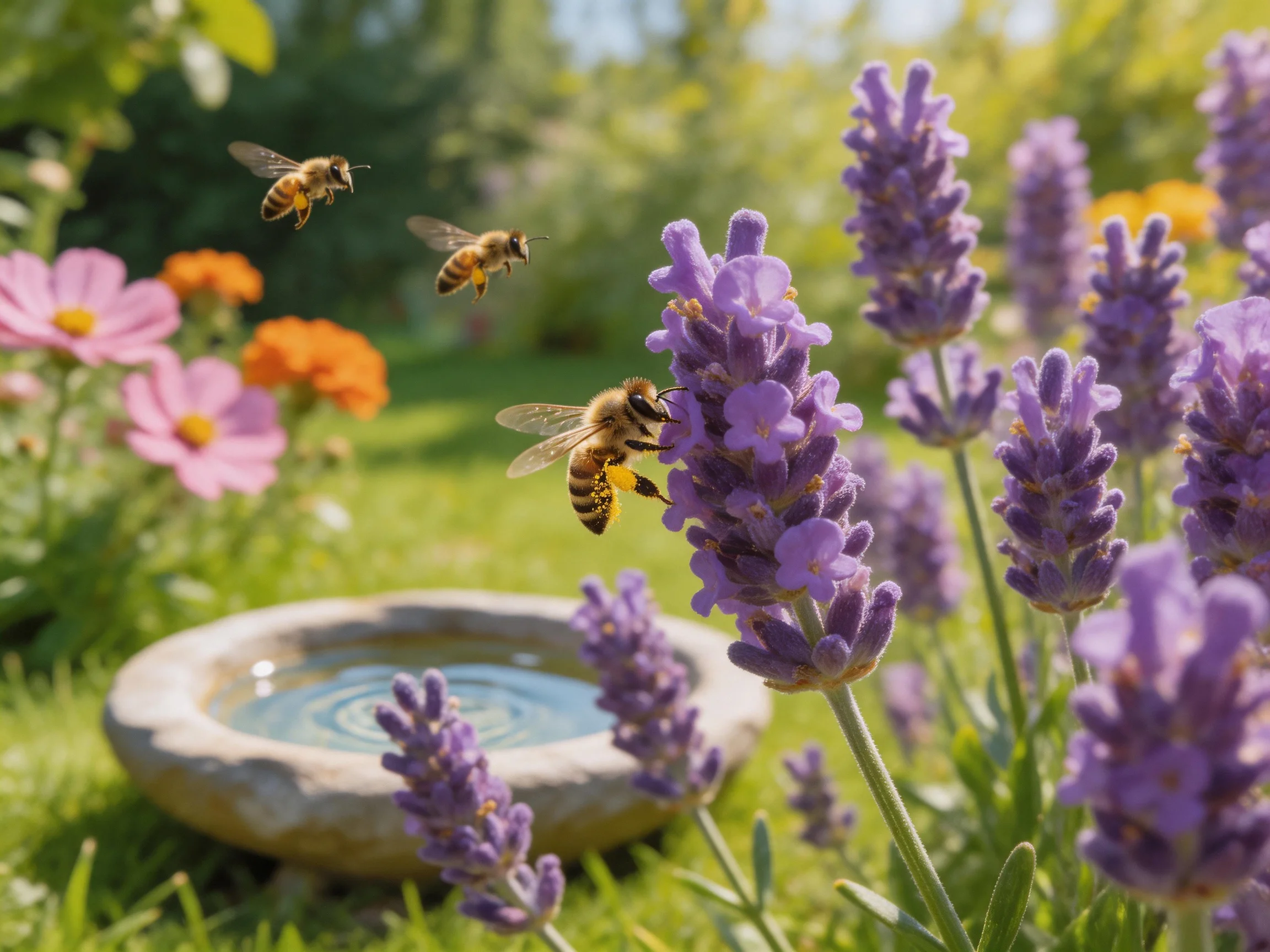 Three bees interact near purple lavender and colorful flowers