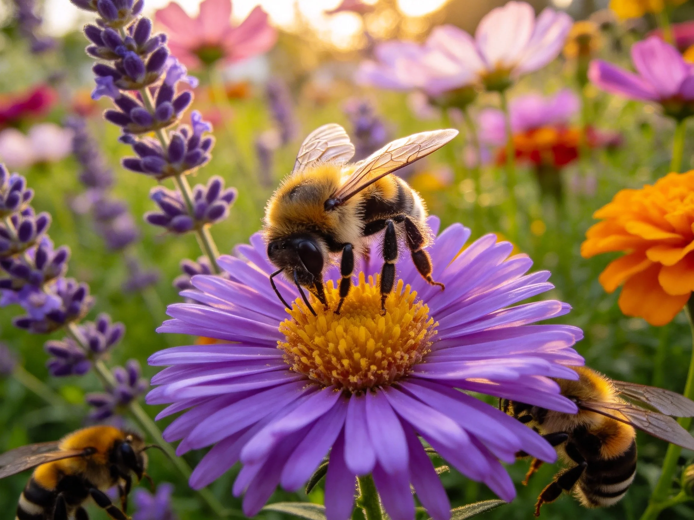 Three bees pollinate purple, orange, and lavender flowers in a sunlit field