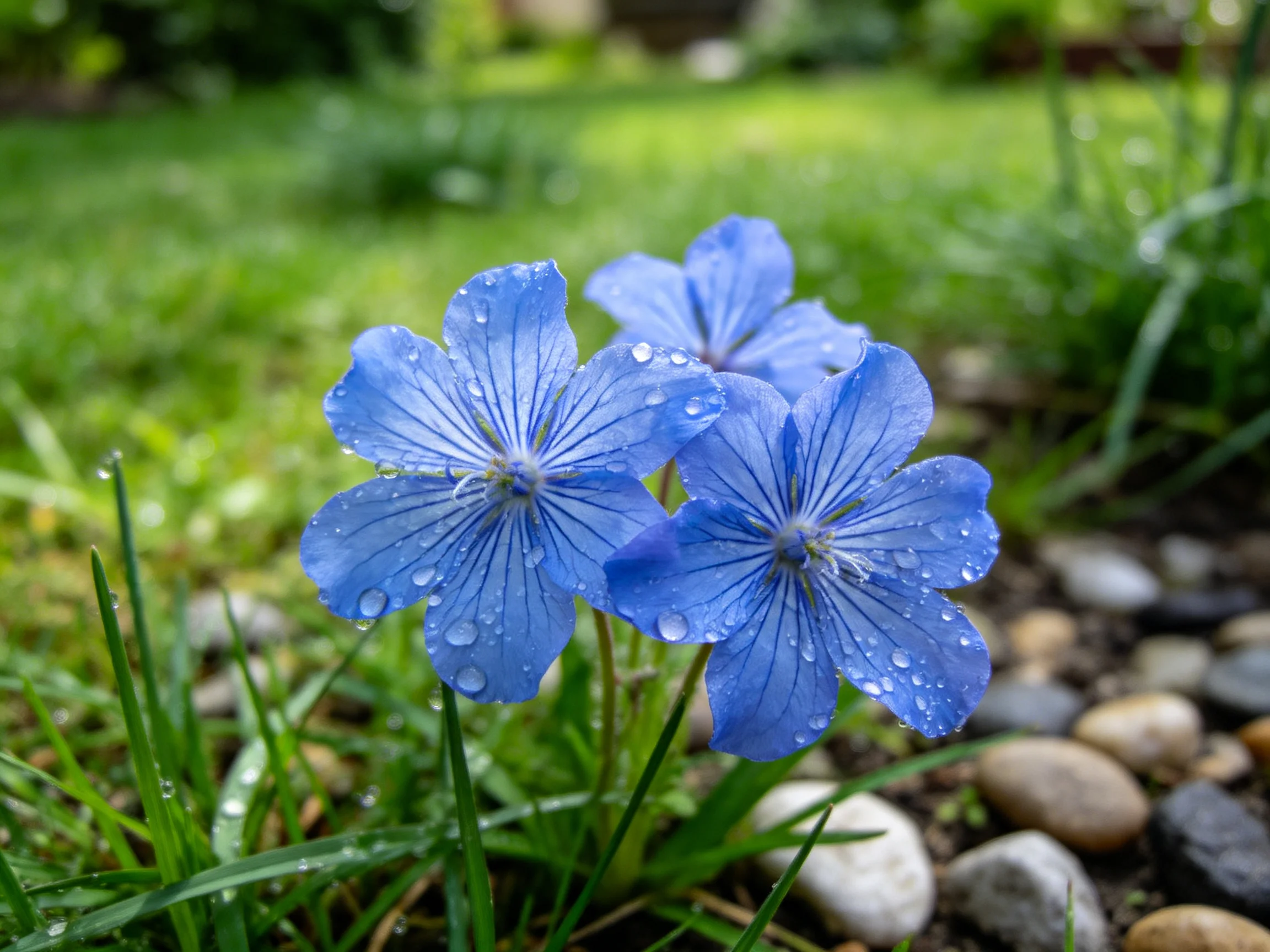 Three blue flowers with dewdrops amidst greenery and pebbles