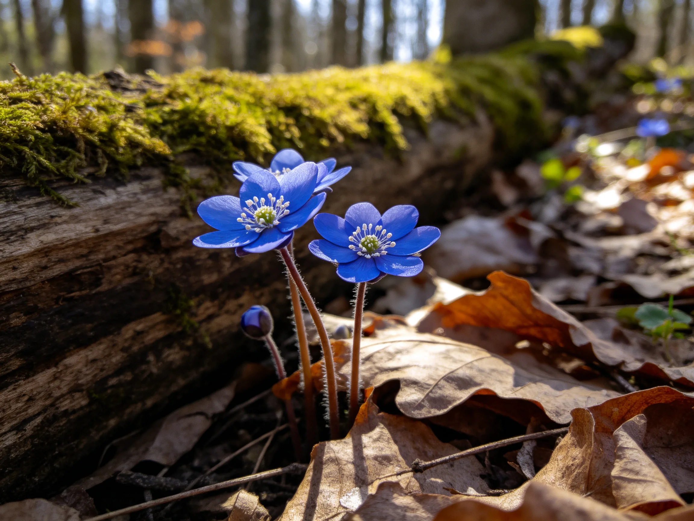 Three bright blue flowers bloom by a moss-covered fallen log
