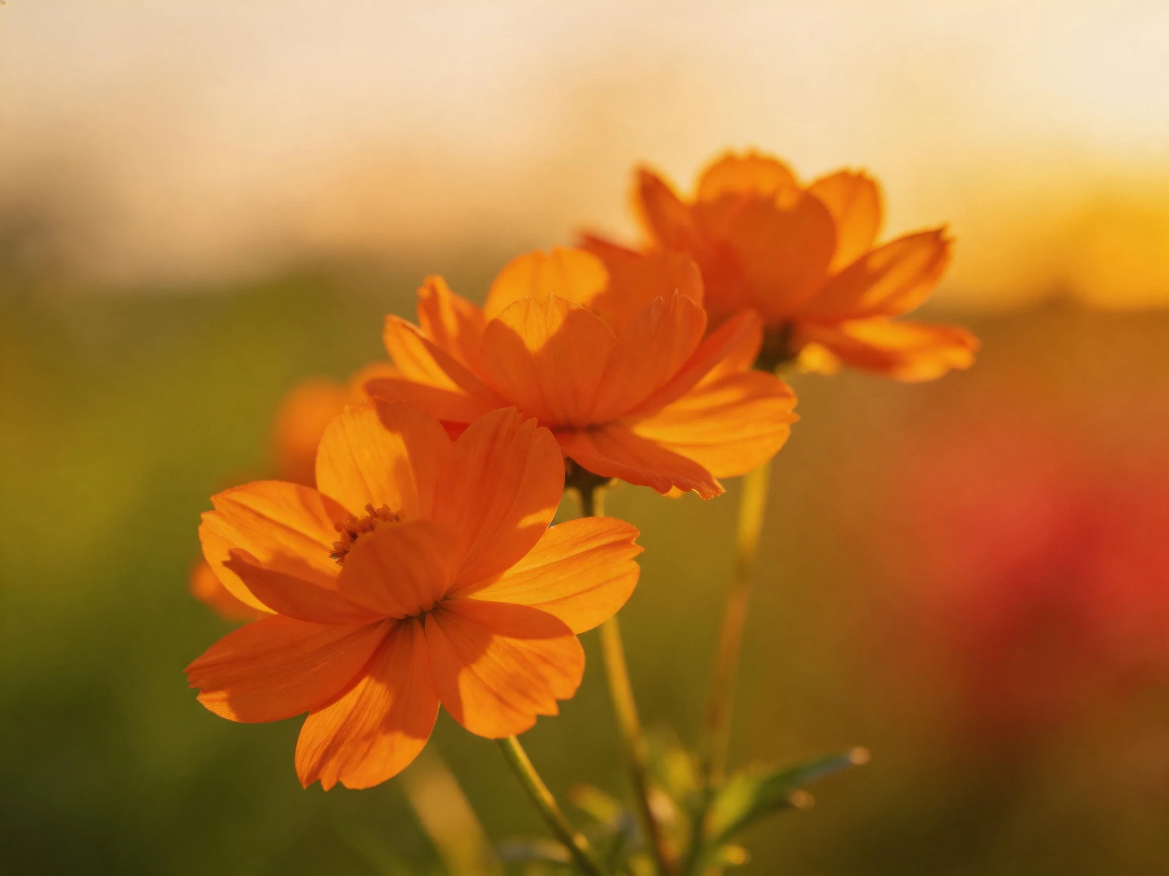 Three bright orange cosmos flowers with a softly blurred natural backdrop