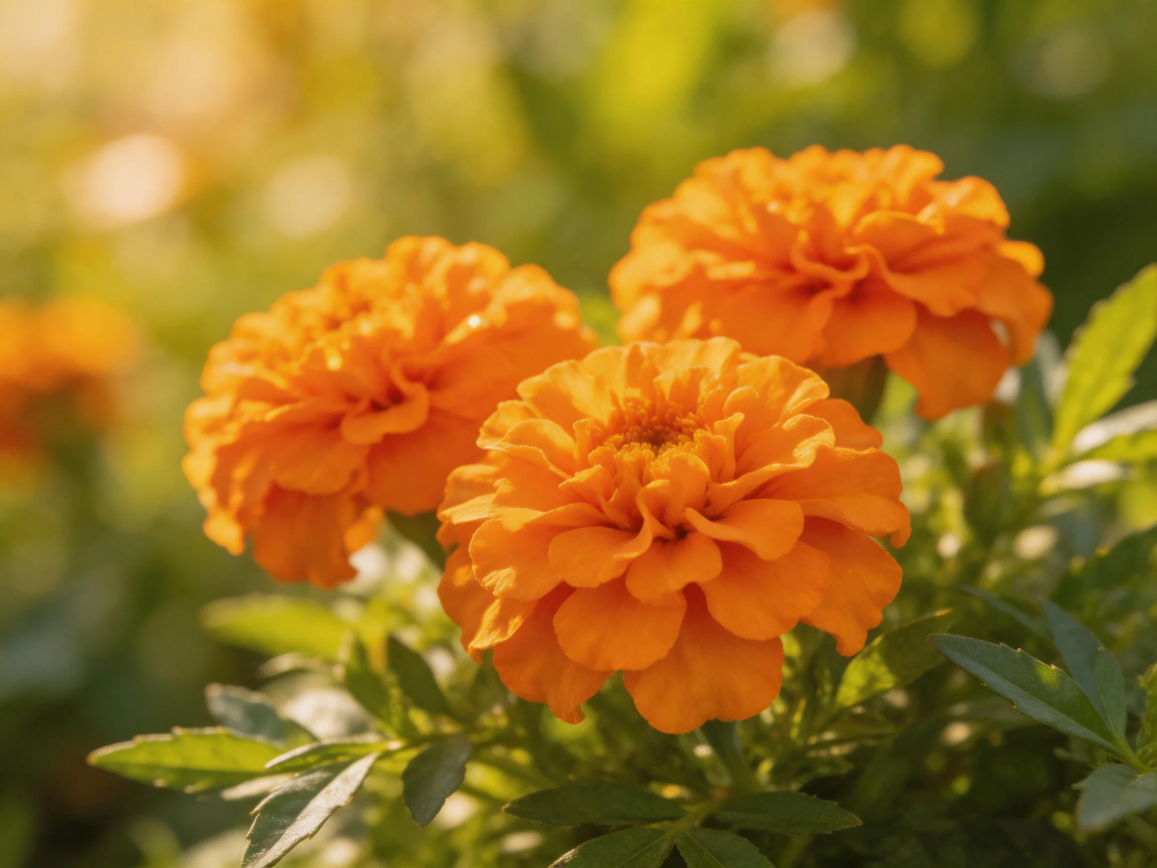 Three bright orange marigold flowers bloom among green foliage
