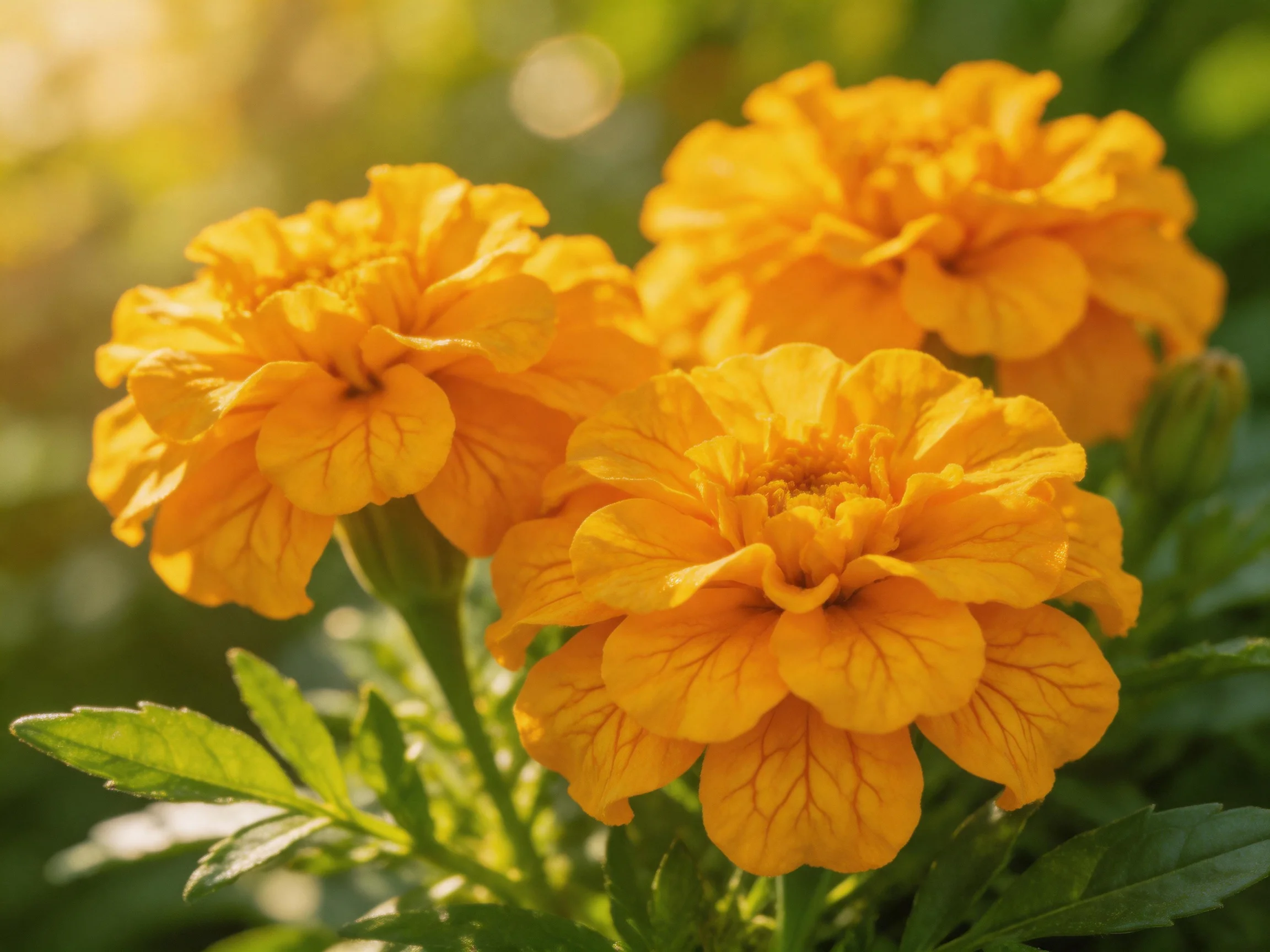 Three bright orange-yellow marigolds blooming in sunlight