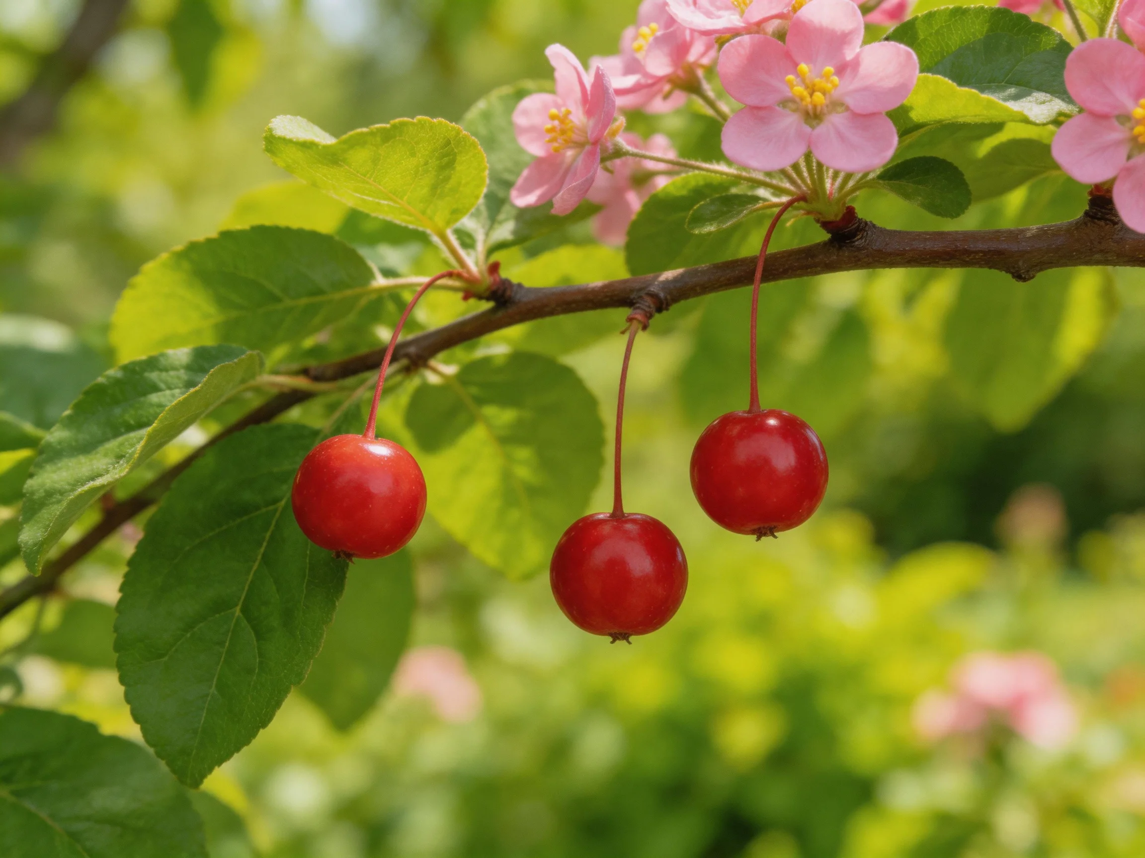 Three bright red cherries hang from a branch with pink blossoms
