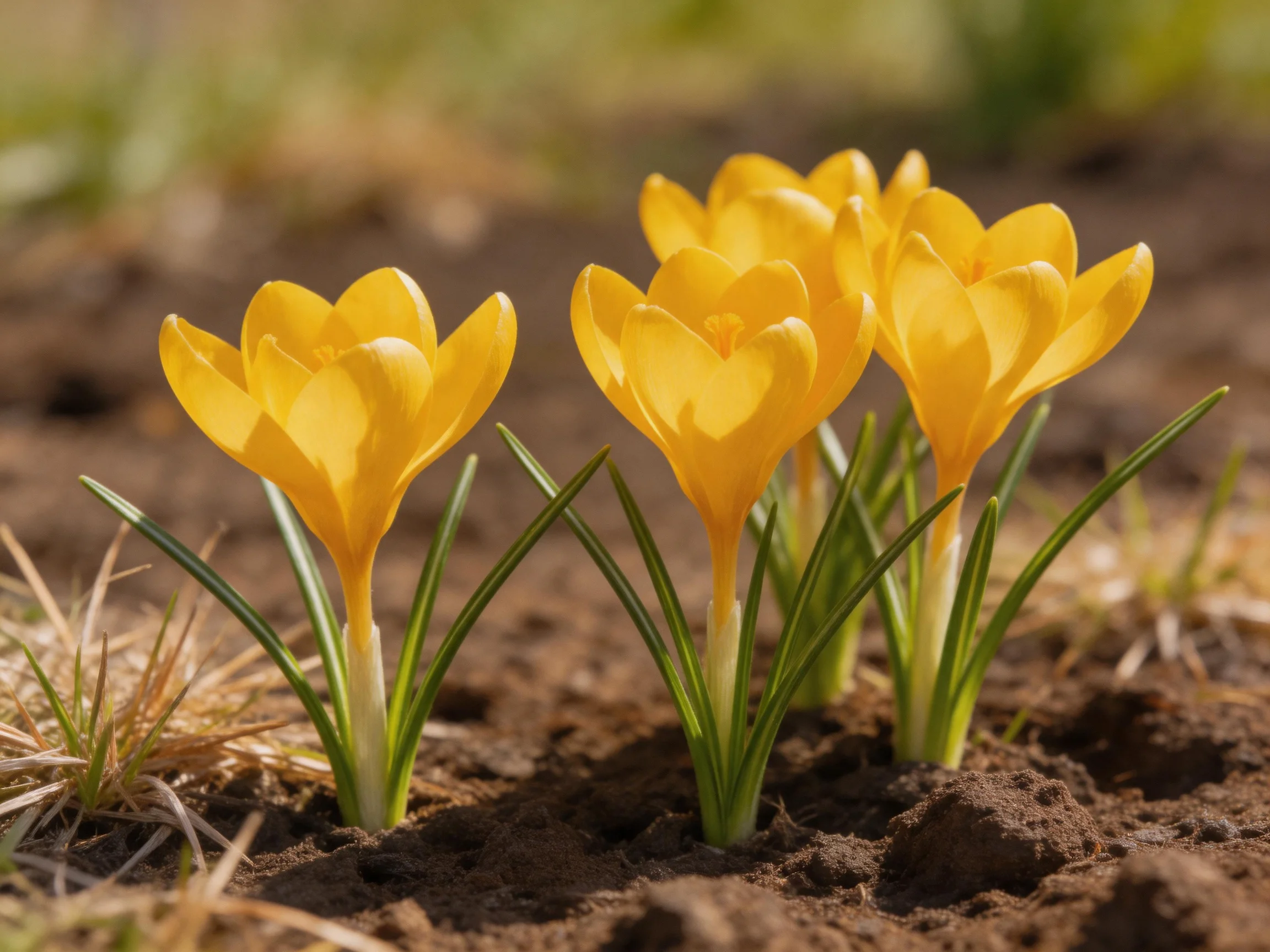 Three bright yellow crocus flowers bloom in rich brown soil