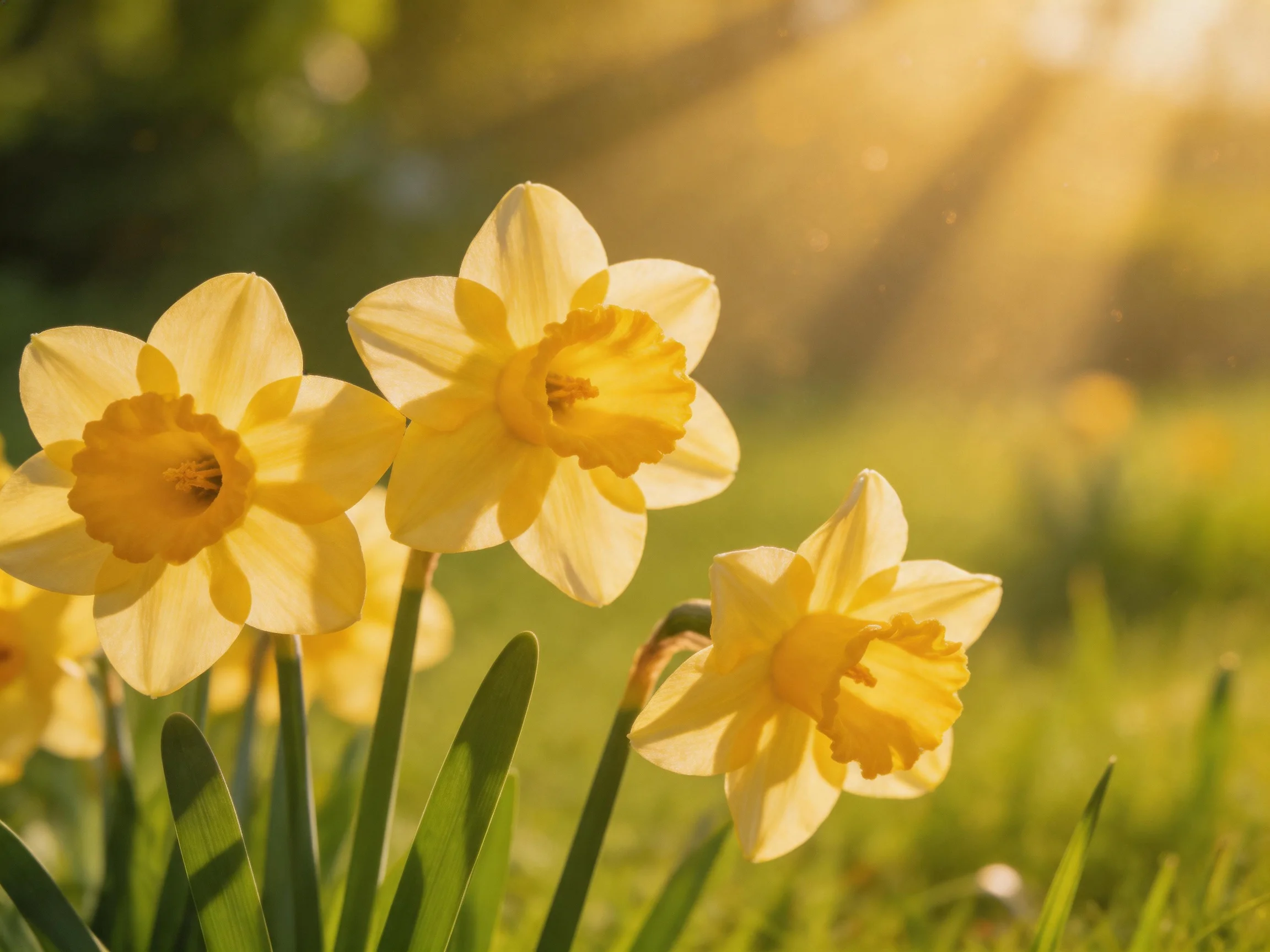 Three bright yellow daffodils bloom under golden sunlight