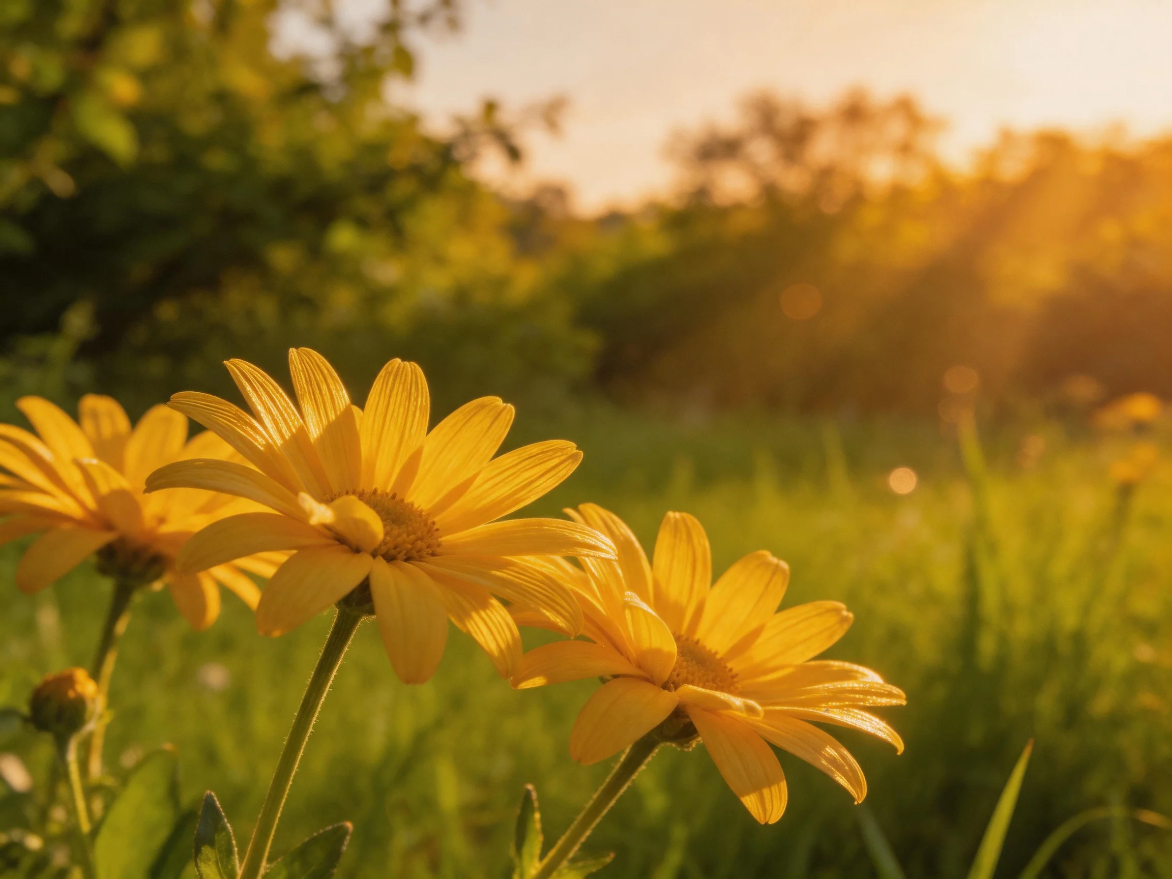 Three bright yellow daisies bloom in a sunlit meadow