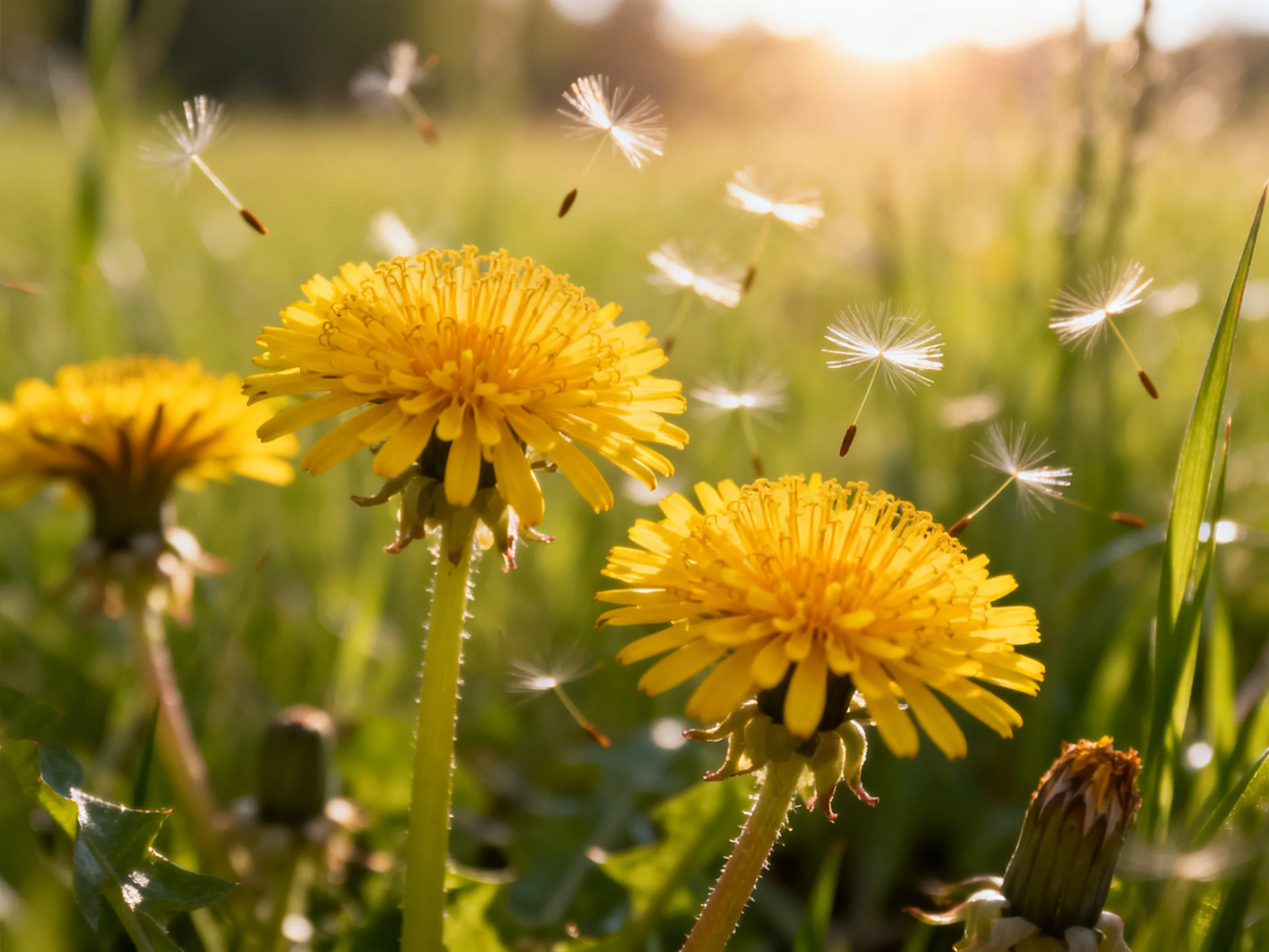 Three bright yellow dandelion flowers with floating seeds in a sunlit meadow