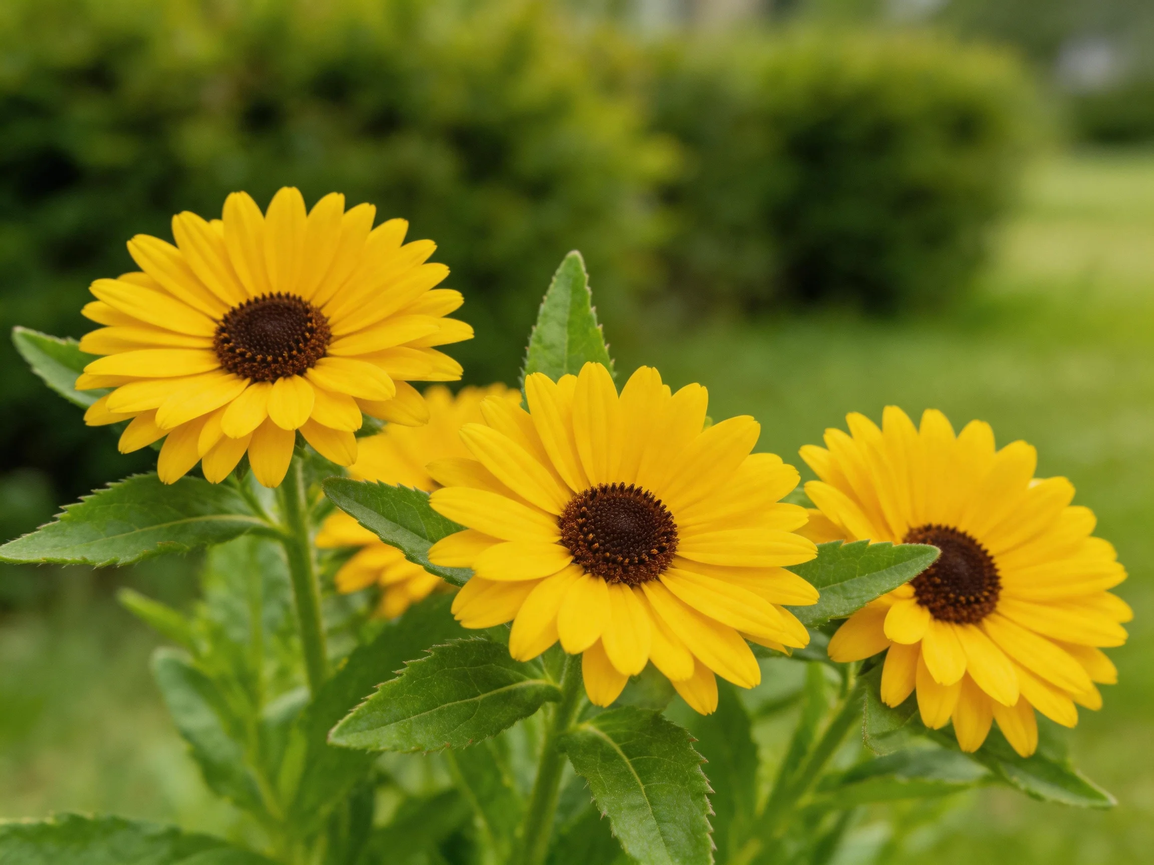 Three bright yellow flowers with dark centers bloom near green shrubs