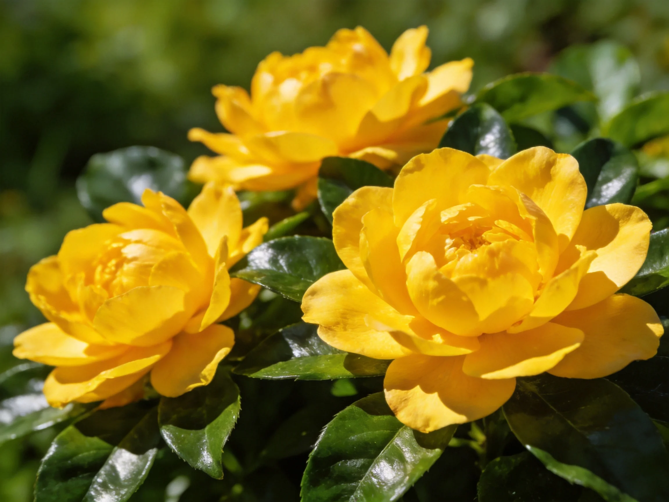 Three bright yellow flowers with glossy green foliage